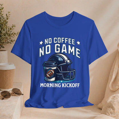 No Coffee No Game Football Tee — "Morning Kickoff" Helmet Graphic Shirt Printify