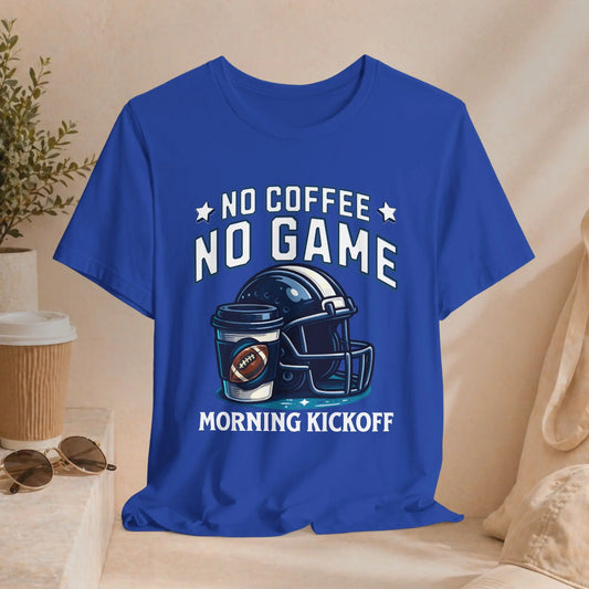 No Coffee No Game Football Tee — "Morning Kickoff" Helmet Graphic Shirt Printify