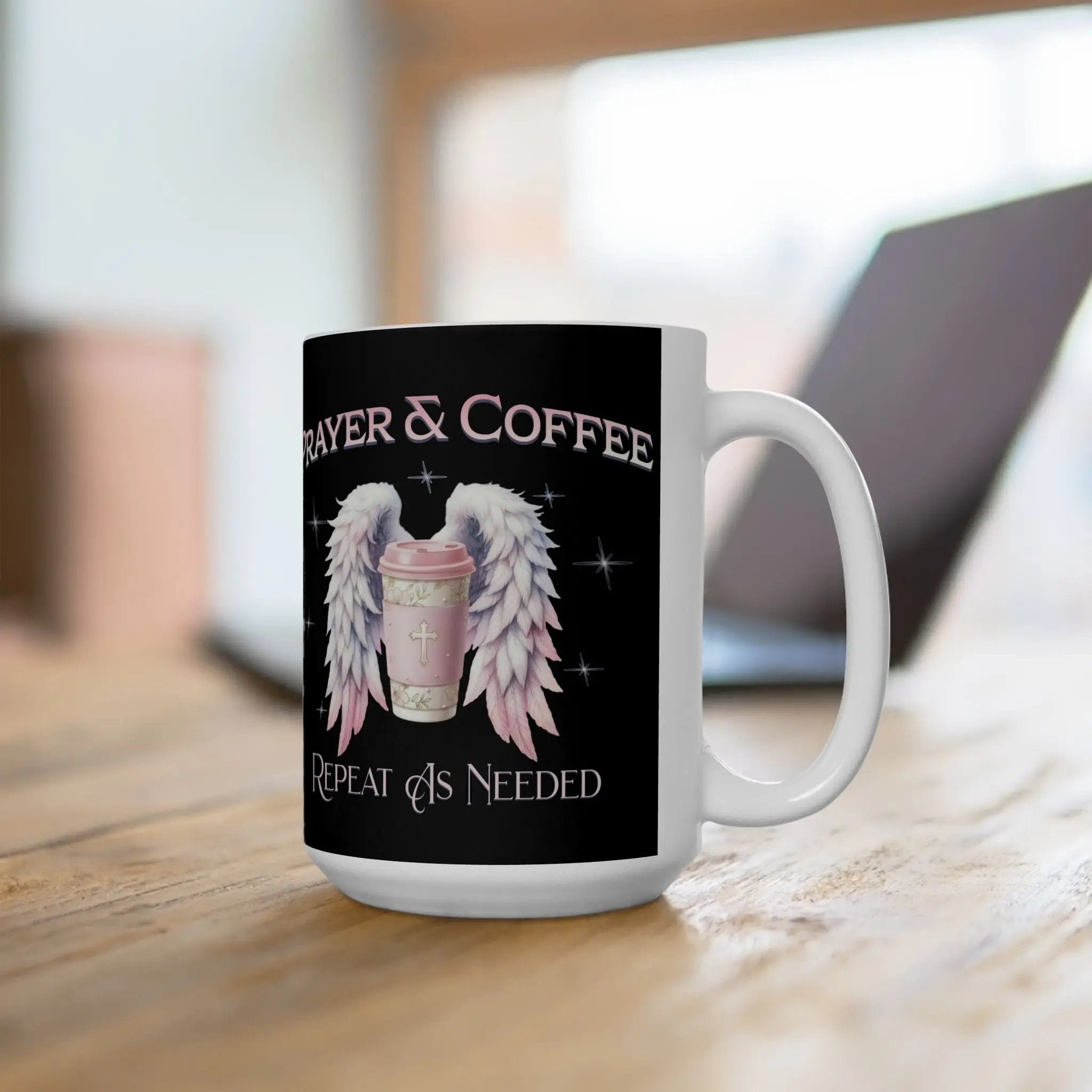 Prayer & Coffee Mug, Angel Wings Design, Gift for Coffee Lovers, Spiritual Decor, Inspirational Mug, Unique Kitchenware Printify