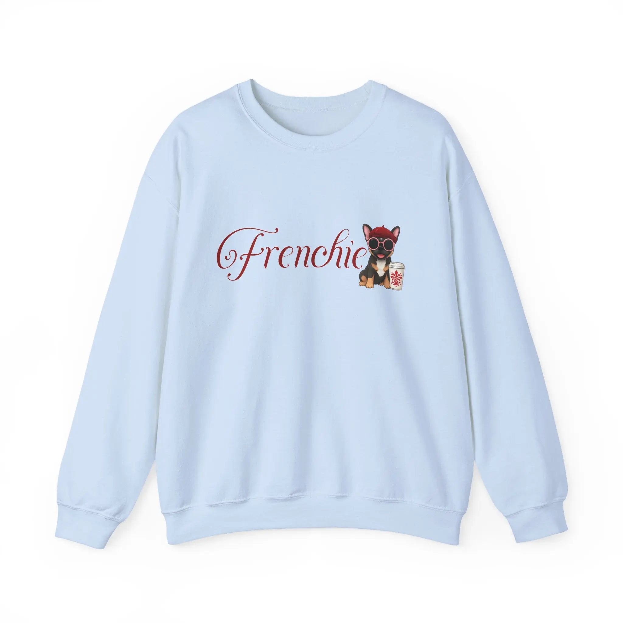 Frenchie Coffee Crewneck — Cute French Bulldog in Beret & Sunglasses Printify