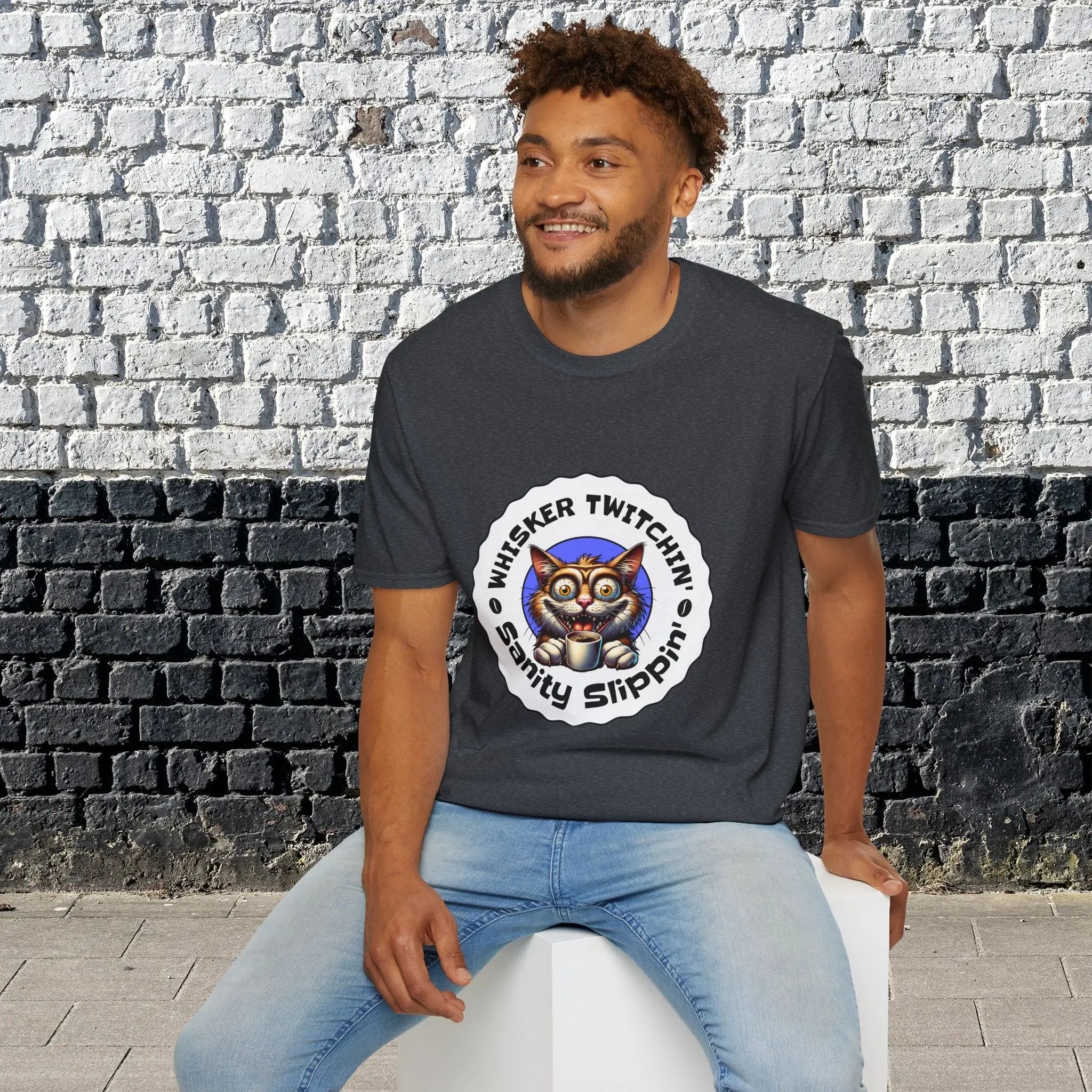 Whisker Twitchin’ Sanity Slippin’ T-Shirt – Funny Crazy Cat Coffee Lover Tee for Men and Women, Caffeine Addict Humor Gift Shirt Printify