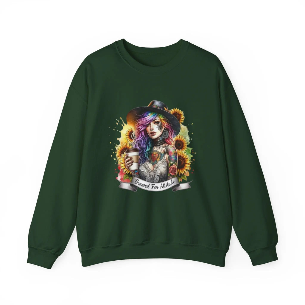 Brewed for Attitude Sunflower Sweatshirt, Cozy Unisex Crewneck, Gifts for Her, Trendy Fall Apparel, Tattoo Art Fashion Printify