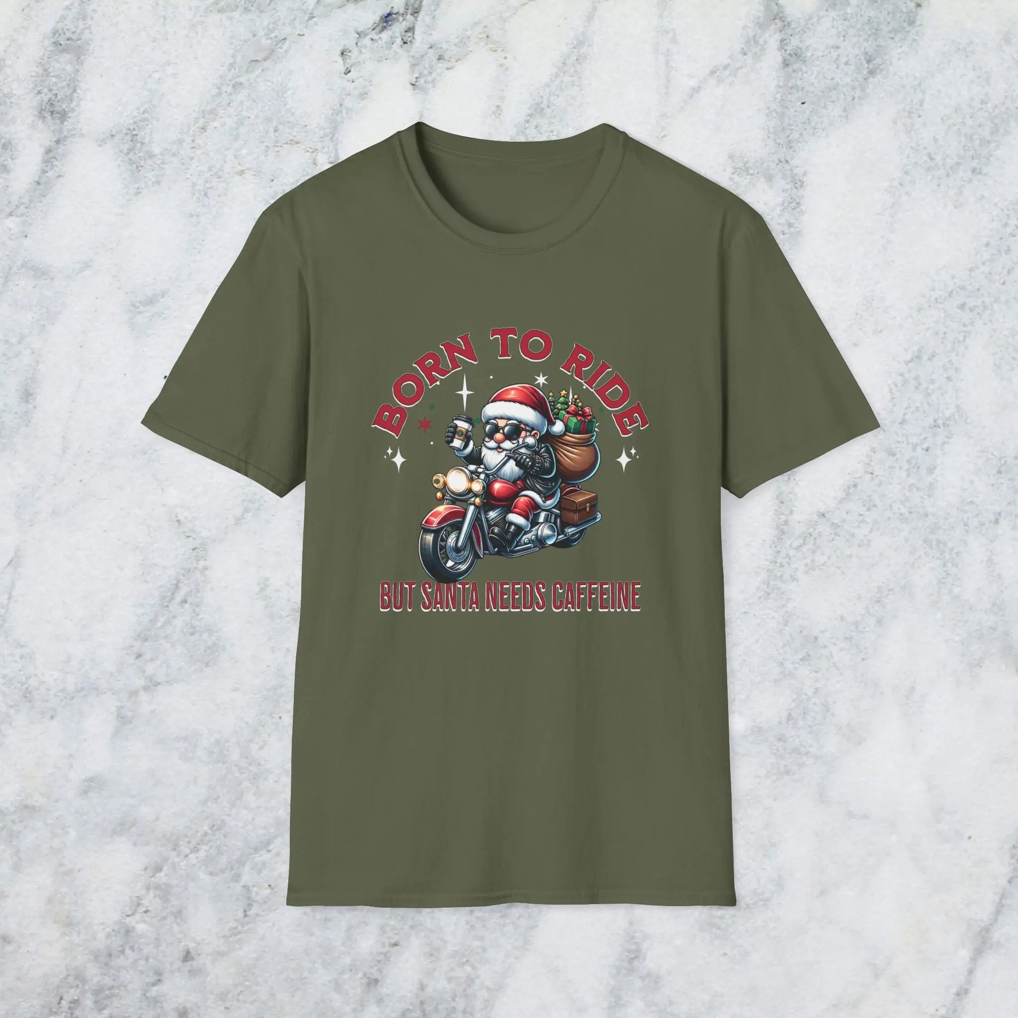 Santa Riding Motorcycle T-Shirt — "Born to Ride but Santa Needs Caffeine" Holiday Tee Printify