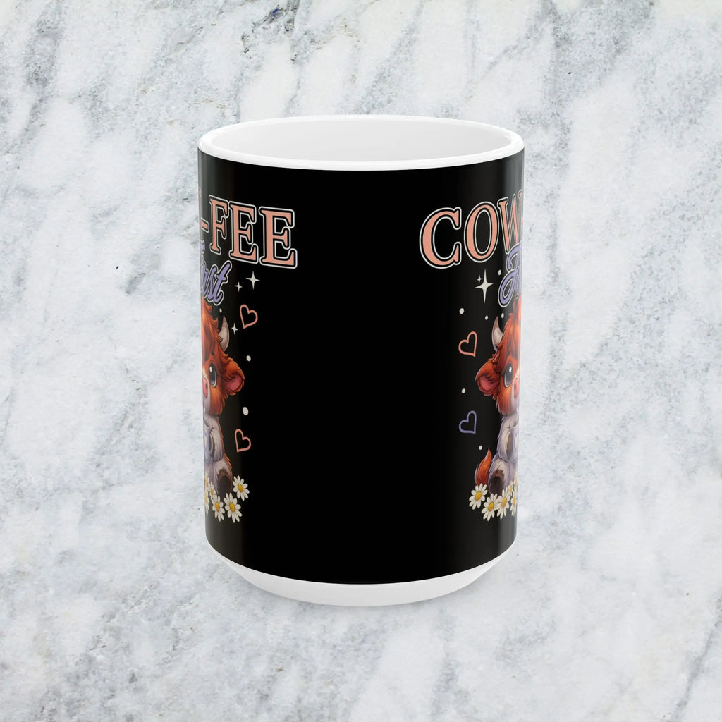 Cow fee First Mug – Cute Cow Illustration with hearts and daisies, 'Coffee Cow' Ceramic Mug (15oz) Printify