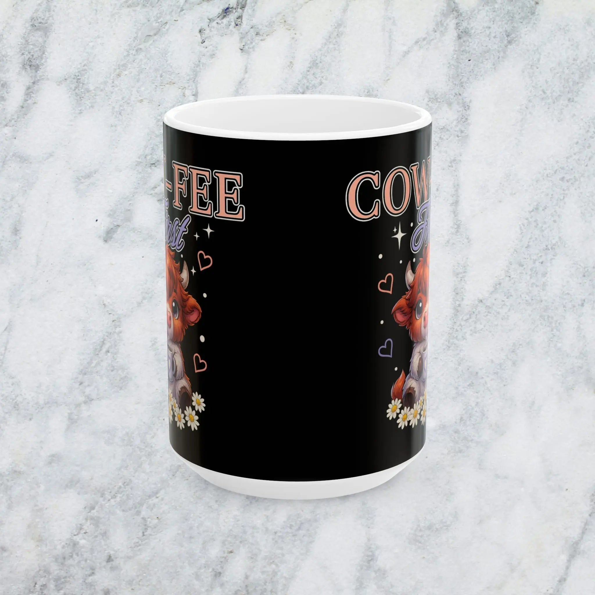 Cow fee First Mug – Cute Cow Illustration with hearts and daisies, 'Coffee Cow' Ceramic Mug (15oz) Printify