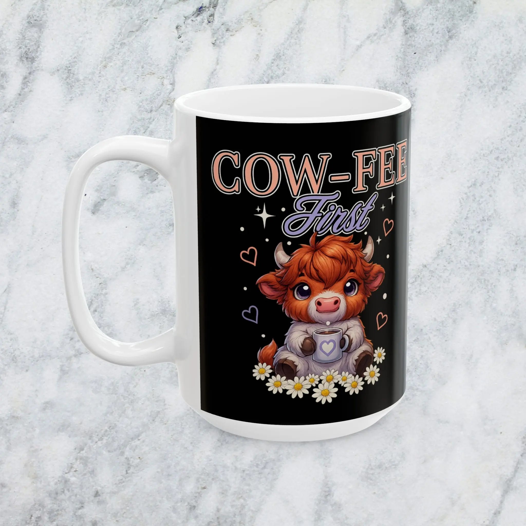 Cow fee First Mug – Cute Cow Illustration with hearts and daisies, 'Coffee Cow' Ceramic Mug (15oz) Printify