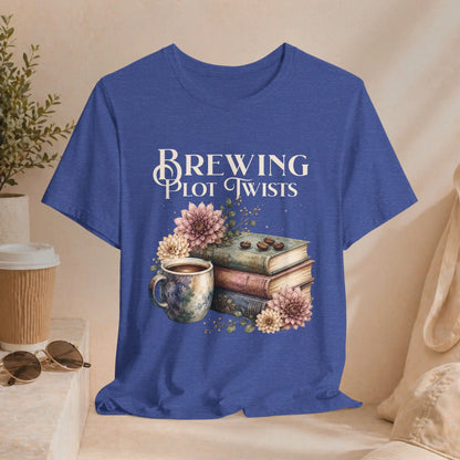 Brewing Plot Twists T‑Shirt — Coffee & Books Literary Tee Printify