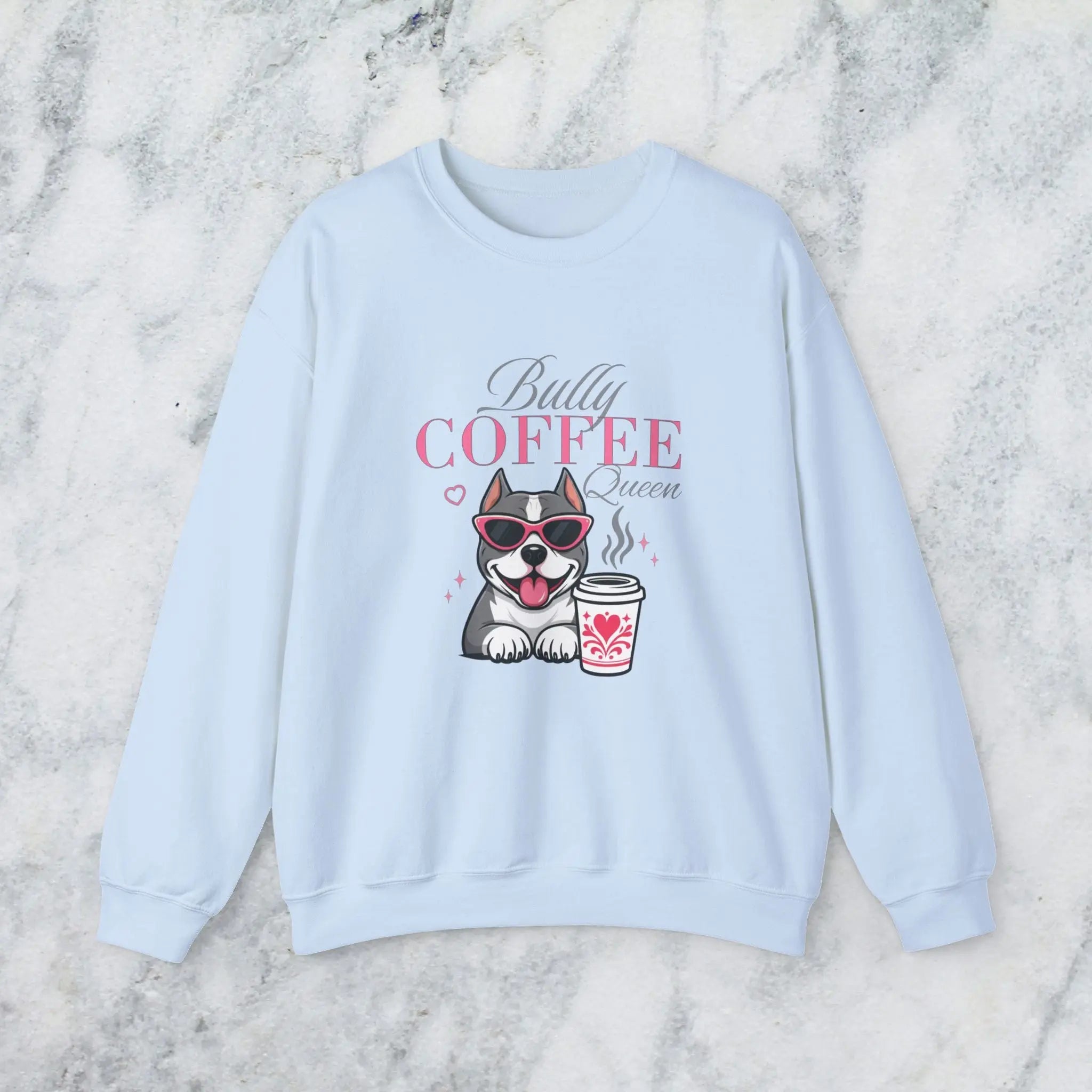 Bully Coffee Queen Sweatshirt — Pitbull with Coffee & Pink Shades Printify