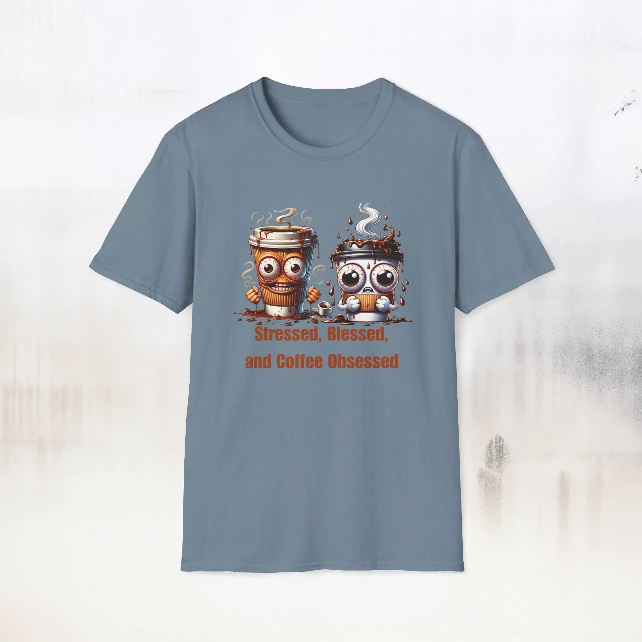 Stressed Blessed and Coffee Obsessed Shirt – Funny Coffee Lover T-Shirt, Caffeine Addict Tee, Cute Coffee Gift for Him Printify