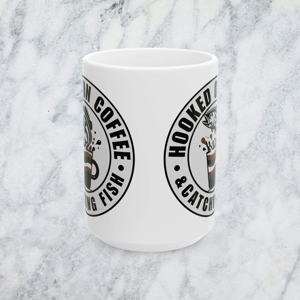 Hooked on Coffee & Catching Fish Ceramic Mug — Fisherman Coffee Lover Gift (15oz) Printify