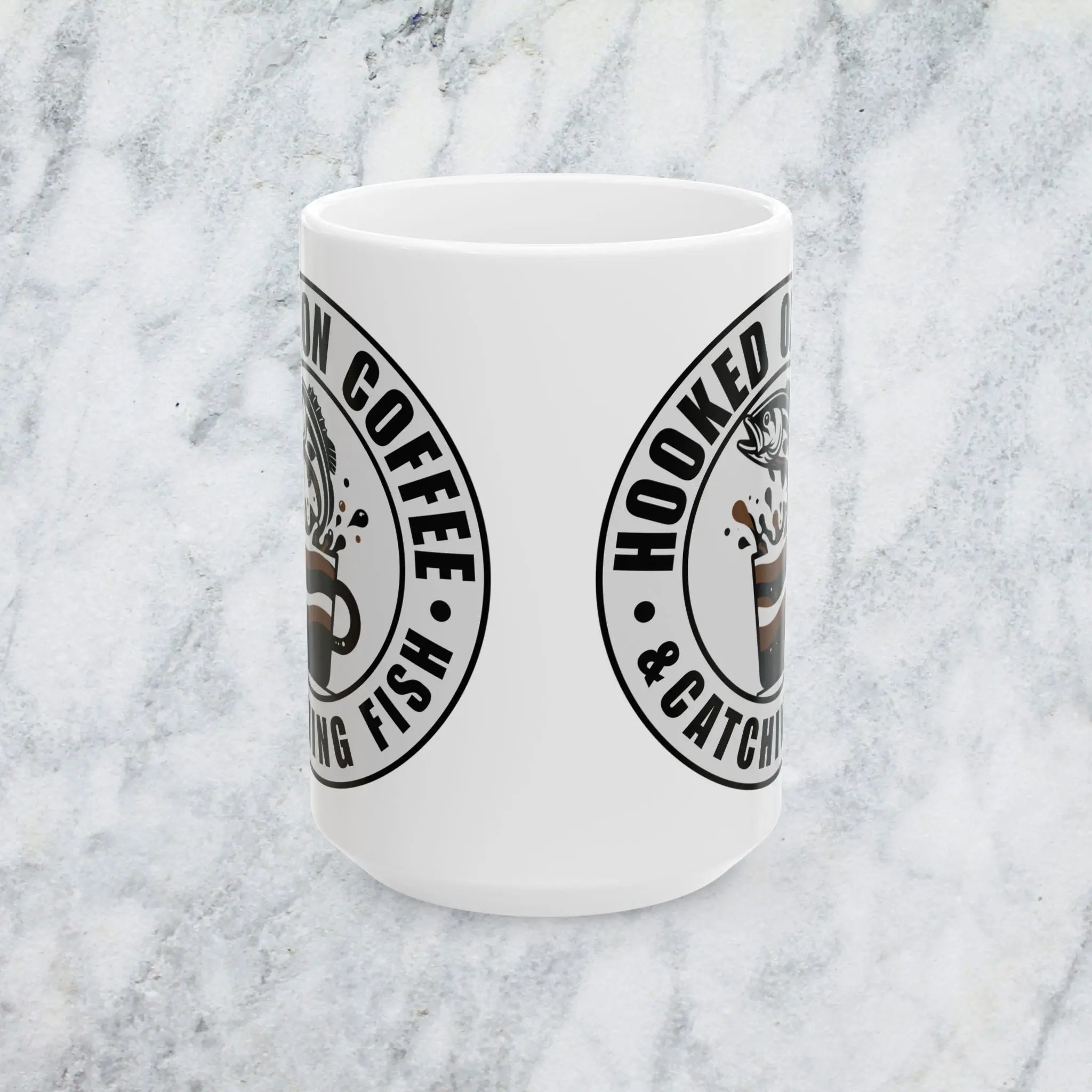 Hooked on Coffee & Catching Fish Ceramic Mug — Fisherman Coffee Lover Gift (15oz) Printify