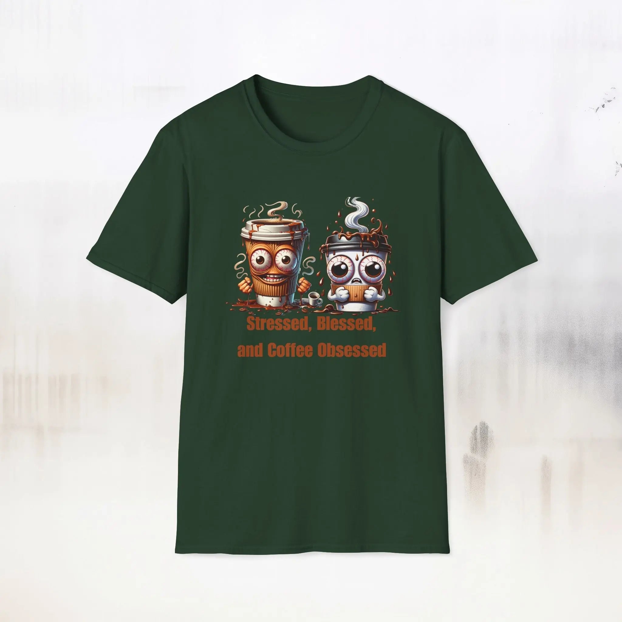 Stressed Blessed and Coffee Obsessed Shirt – Funny Coffee Lover T-Shirt, Caffeine Addict Tee, Cute Coffee Gift for Him Printify