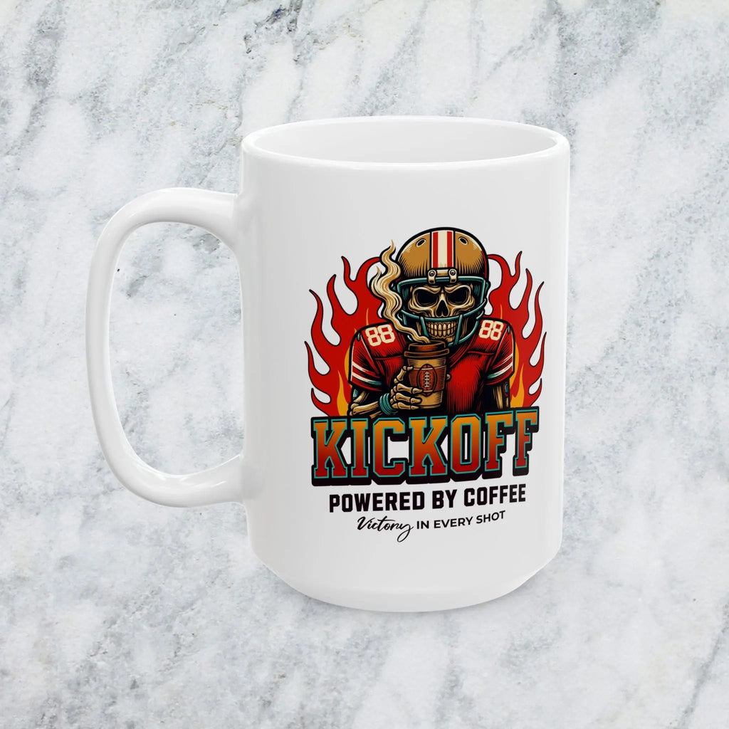 Kickoff Powered by Coffee 15 oz Mug Printify