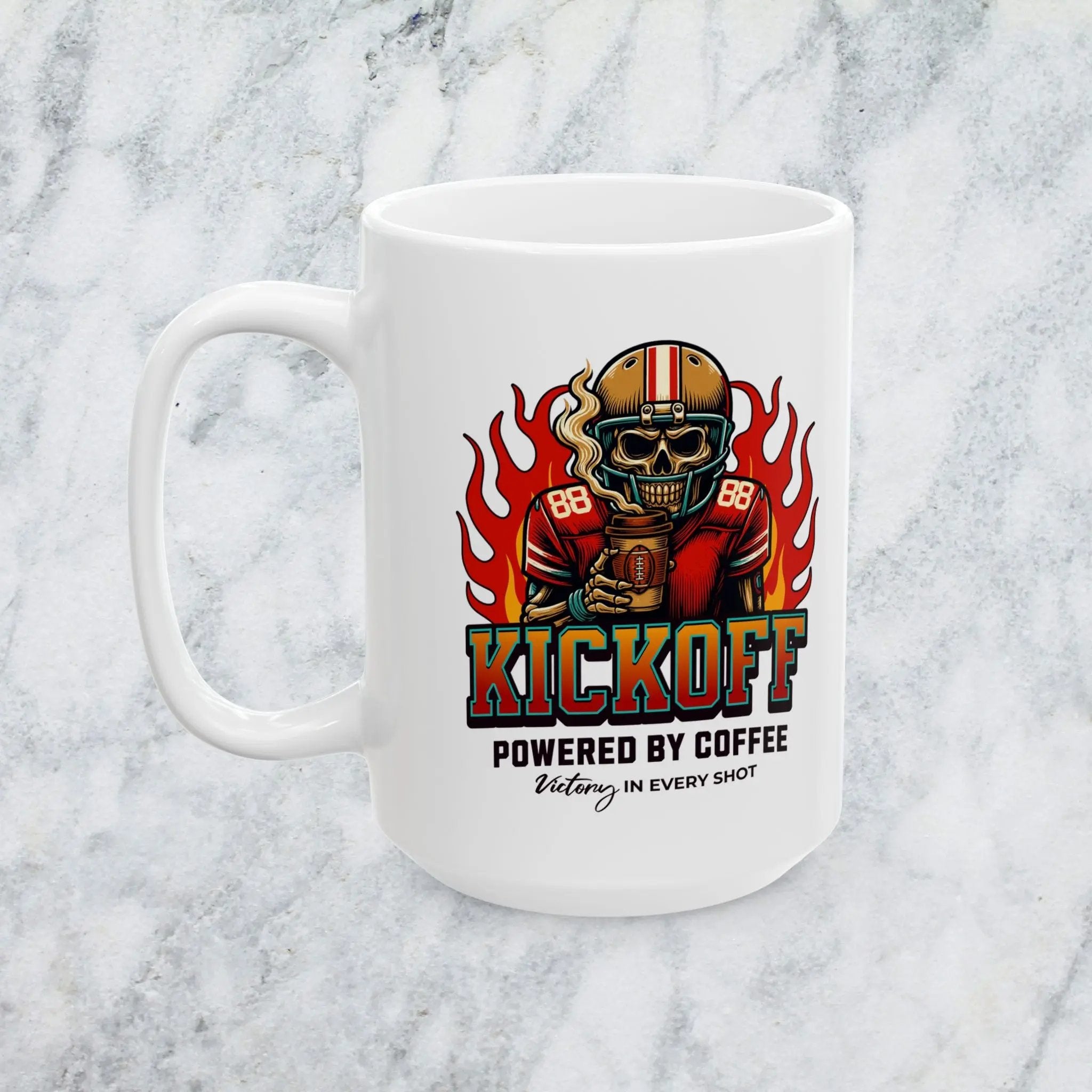 Kickoff Powered by Coffee 15 oz Mug Printify