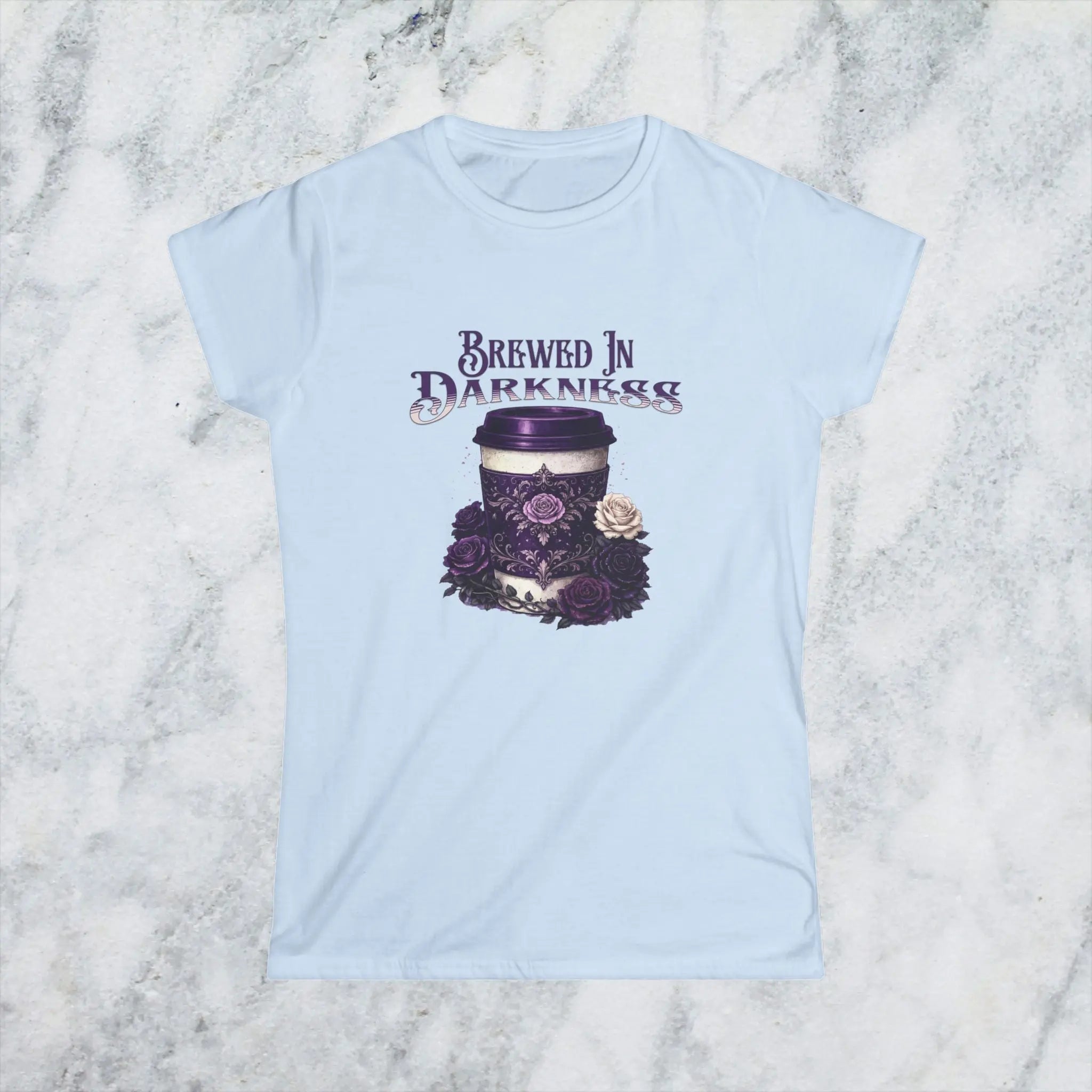 Brewed In Darkness Tee — Gothic Coffee Cup Floral Design Printify