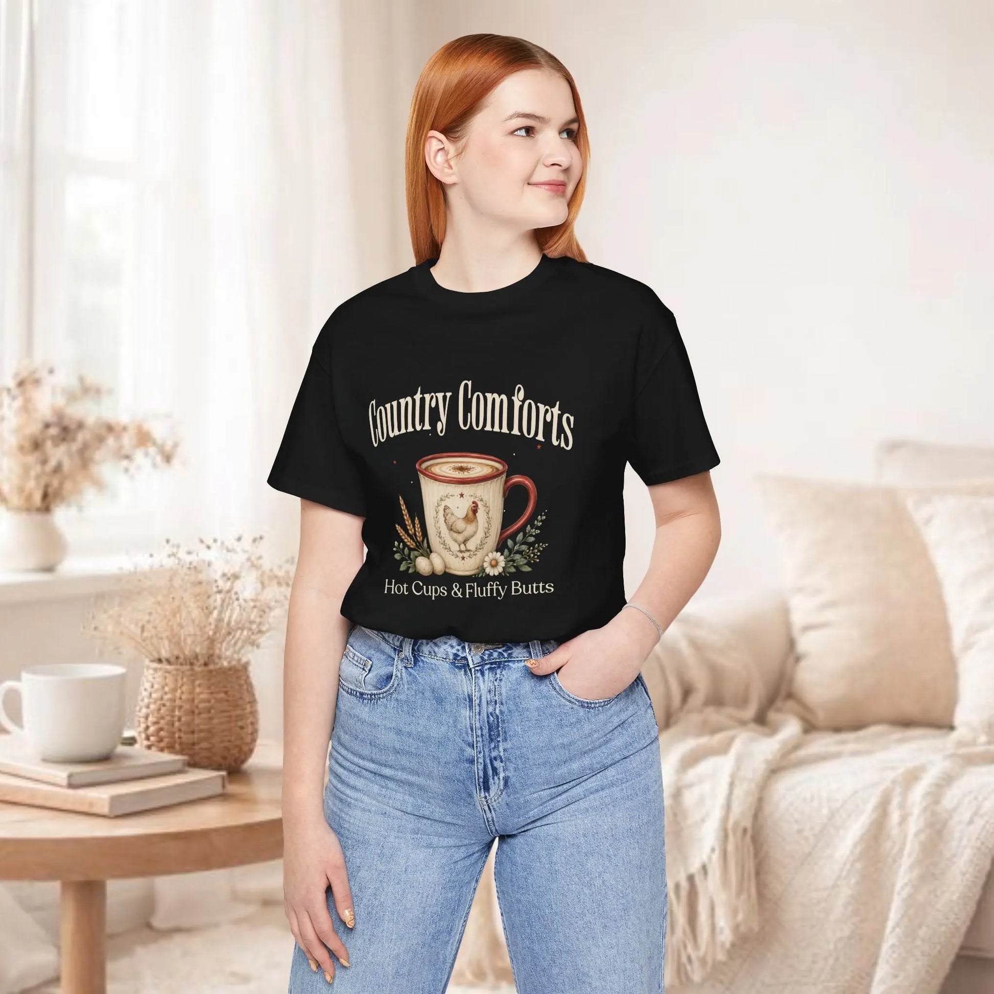 Country Comforts Tee – "Hot Cups & Fluffy Butts" Rustic Farmhouse Coffee Shirt Printify