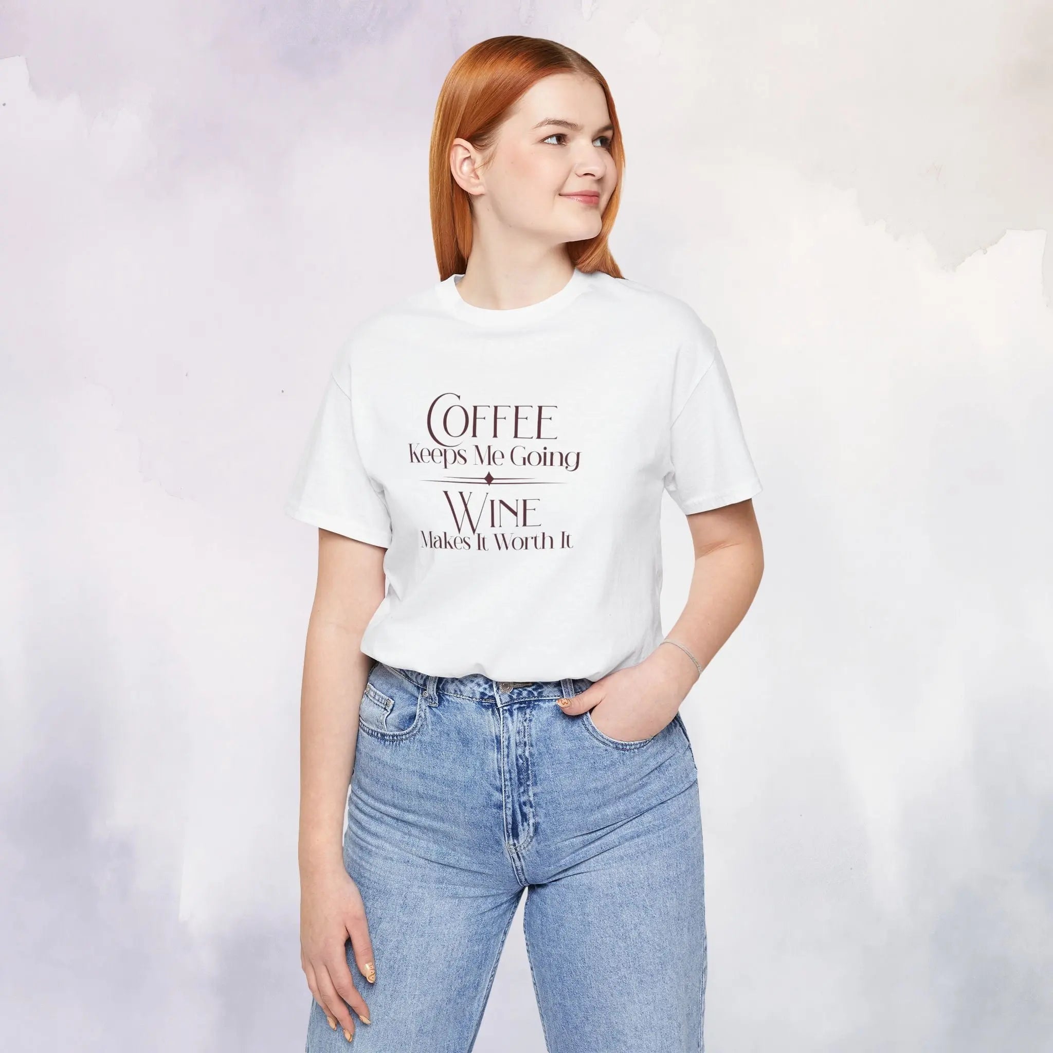 Coffee Keeps Me Going, Wine Makes It Worth It T-Shirt Printify