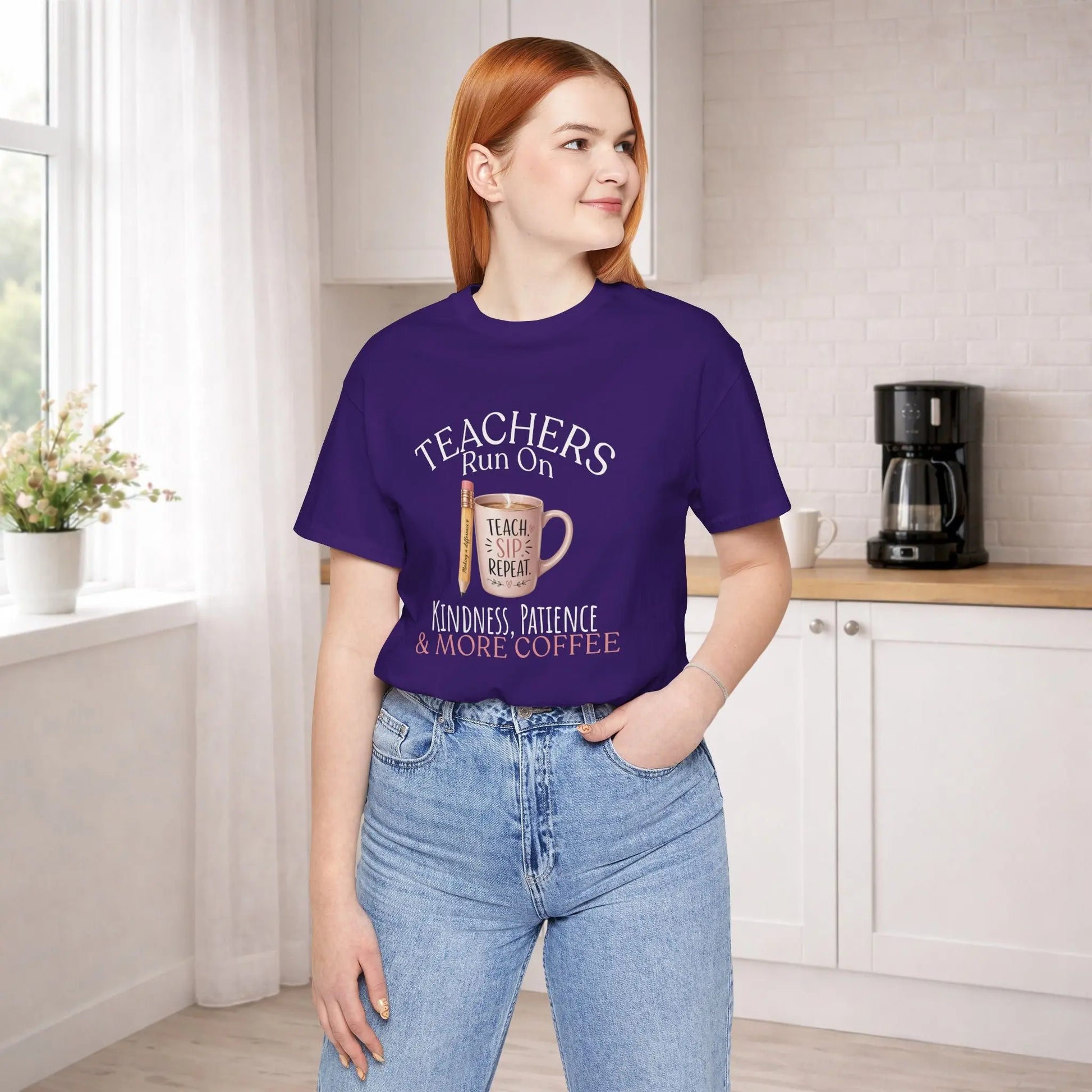 Teachers Run On T‑Shirt — "Kindness, Patience & More Coffee" Printify