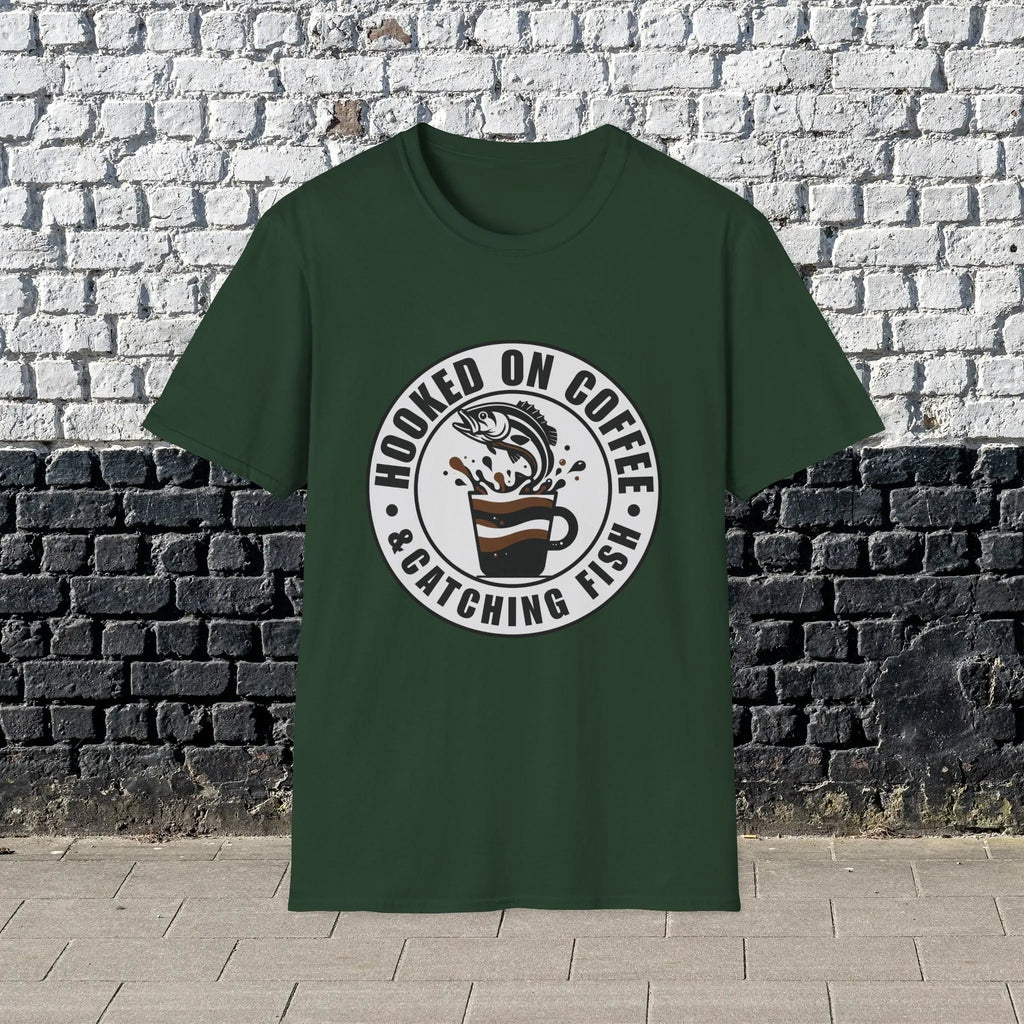 Hooked on Coffee & Catching Fish T‑Shirt – Fishing & Coffee Lover Tee Printify