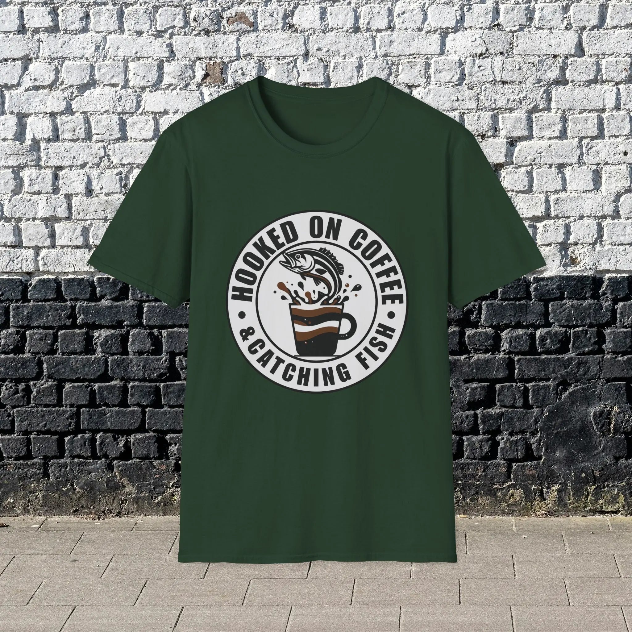Hooked on Coffee & Catching Fish T‑Shirt – Fishing & Coffee Lover Tee Printify