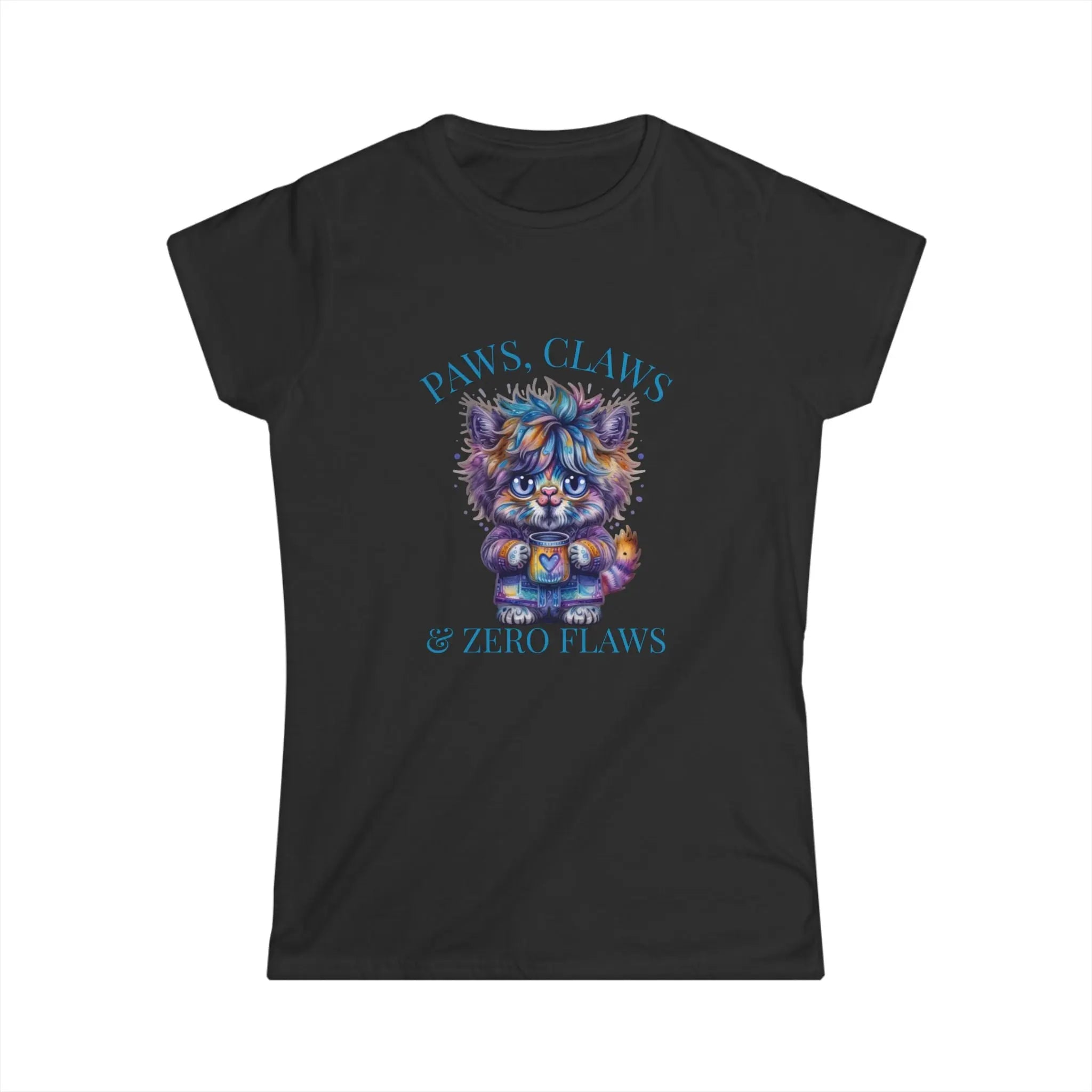 Fluffy Cat Coffee T-Shirt – Paws, Claws, and Zero Flaws Colorful Cat Tee Printify