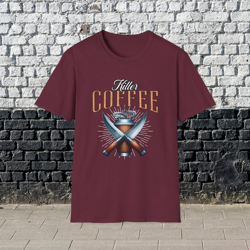 Killer Coffee T-Shirt — Crossed Knives & To-Go Cup Graphic Printify