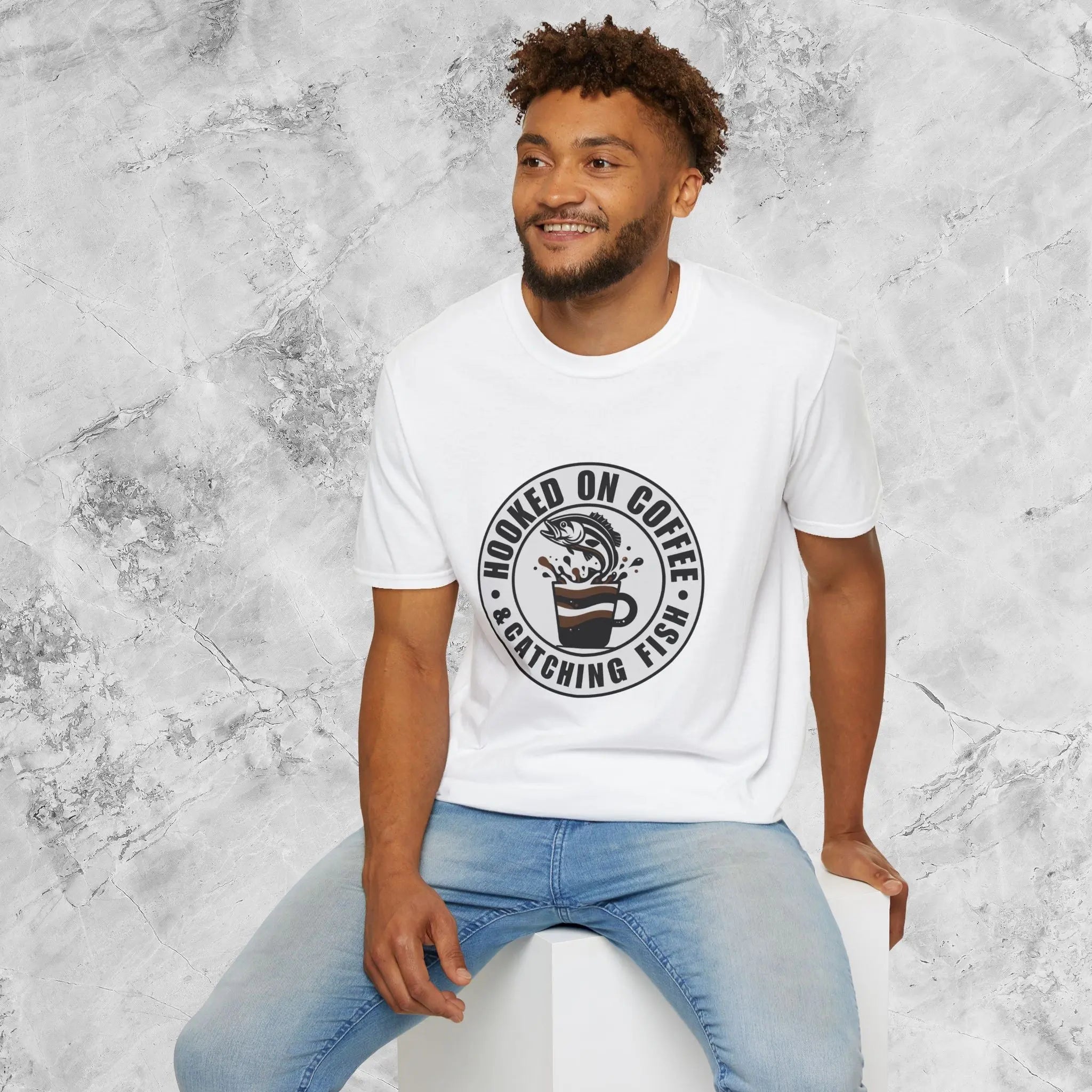 Catching Fish T‑Shirt – Fishing & Coffee Lover Tee Printify