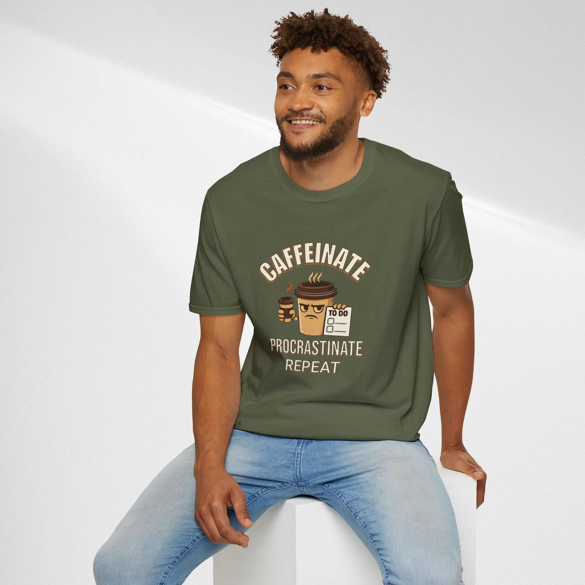 Caffeinate Procrastinate Repeat T-Shirt — Funny Coffee Lover Tee Printify