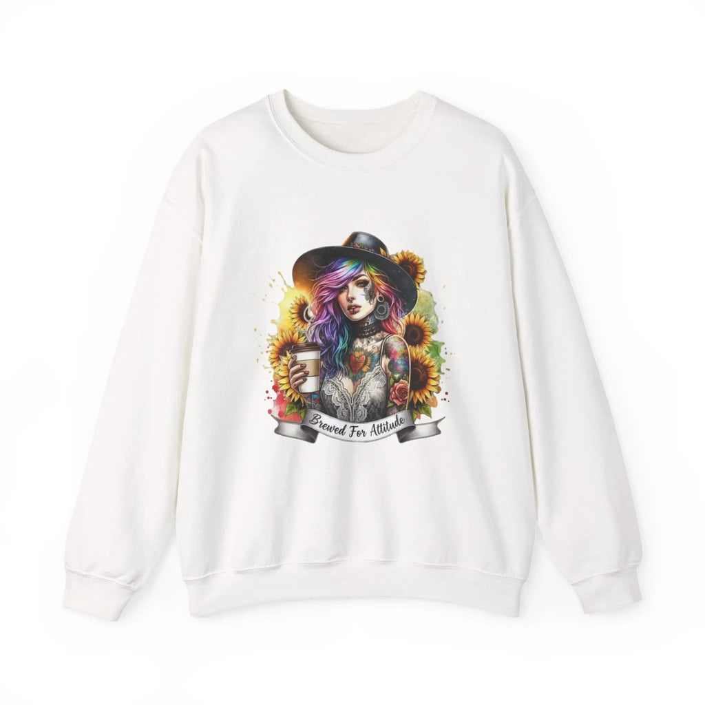 Brewed for Attitude Sunflower Sweatshirt, Cozy Unisex Crewneck, Gifts for Her, Trendy Fall Apparel, Tattoo Art Fashion Printify