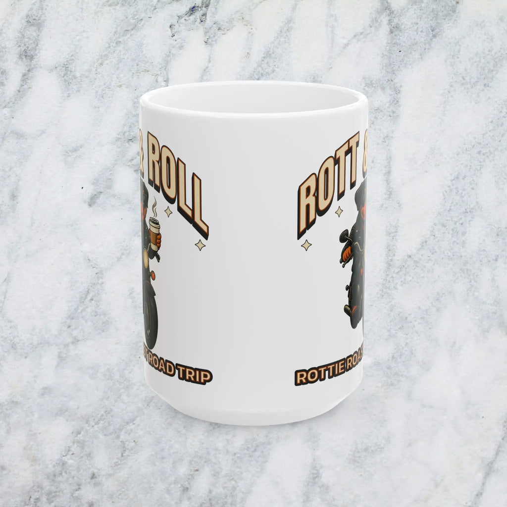 Rott & Roll Mug — Rotweiler on A Motorcycle Pet Lover Coffee Cup (15oz) Printify