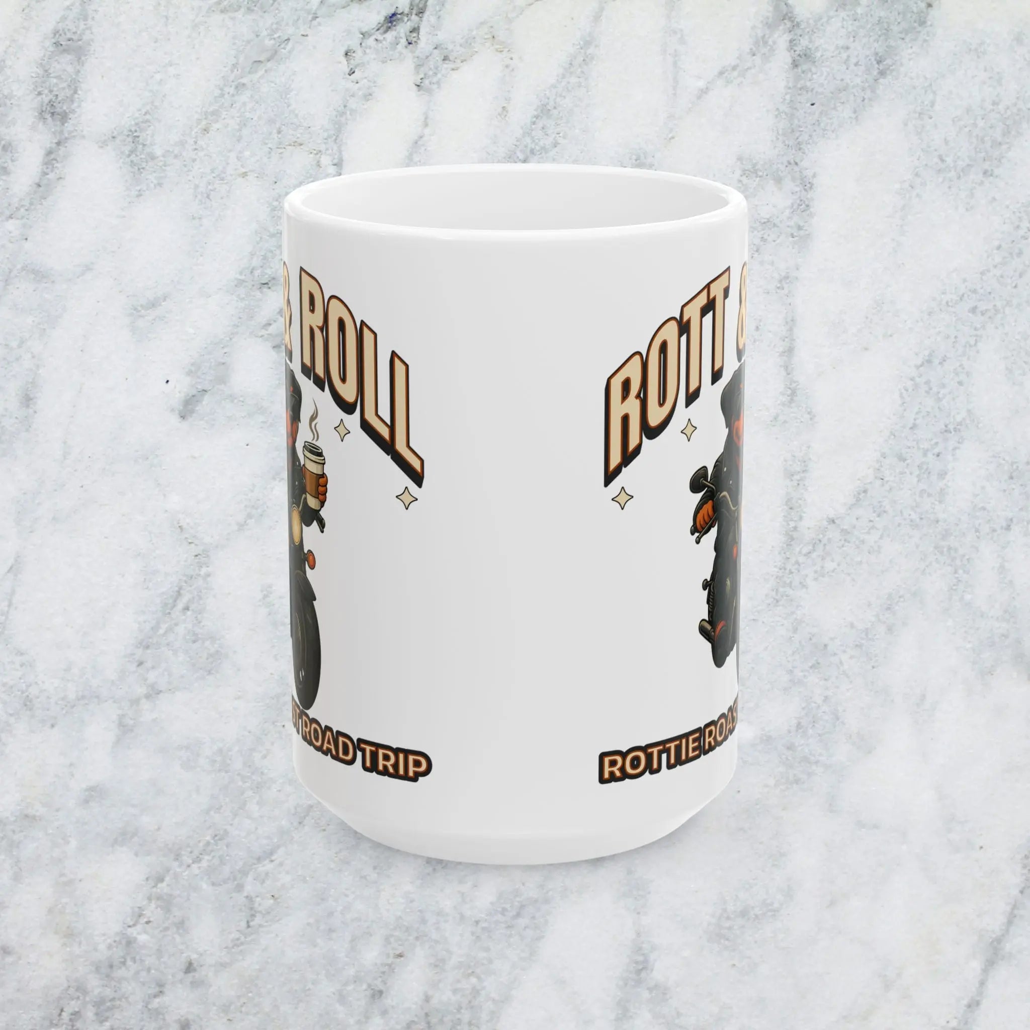Rott & Roll Mug — Rotweiler on A Motorcycle Pet Lover Coffee Cup (15oz) Printify