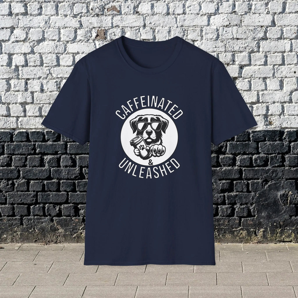 Caffeinated & Unleashed T-Shirt — Funny Coffee Lover Puppy Tee Printify