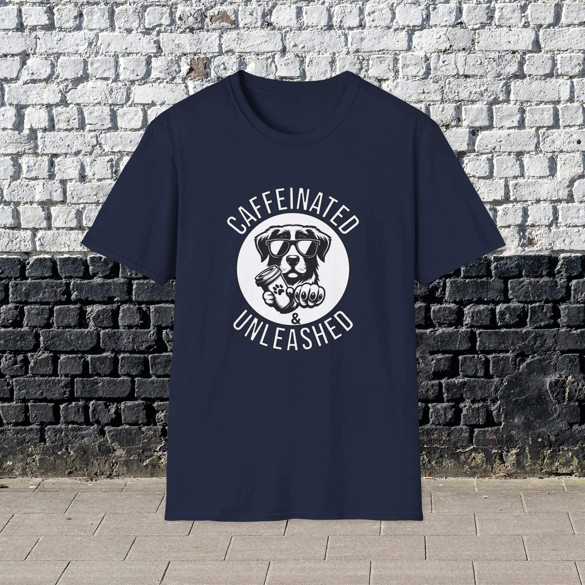Caffeinated & Unleashed T-Shirt — Funny Coffee Lover Puppy Tee Printify