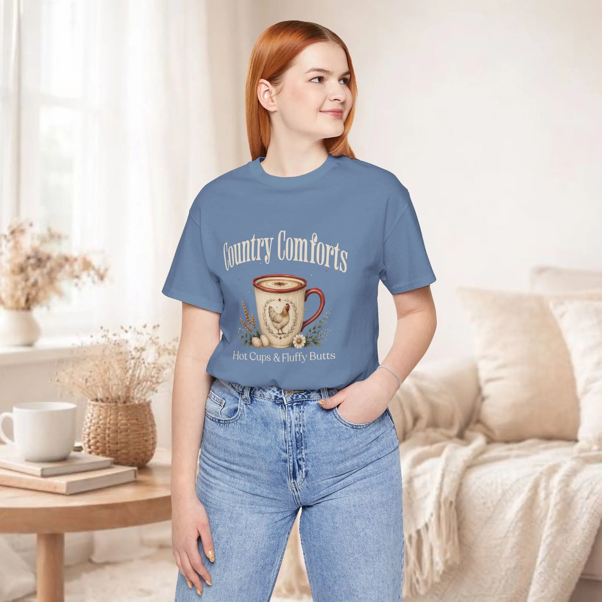 Country Comforts Tee – "Hot Cups & Fluffy Butts" Rustic Farmhouse Coffee Shirt Printify