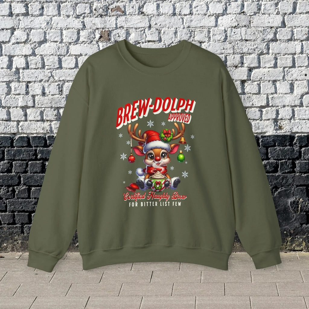 Brew-Dolph Christmas Sweatshirt — Cute Reindeer Holiday Crewneck (Gingerbread & Cocoa) Printify