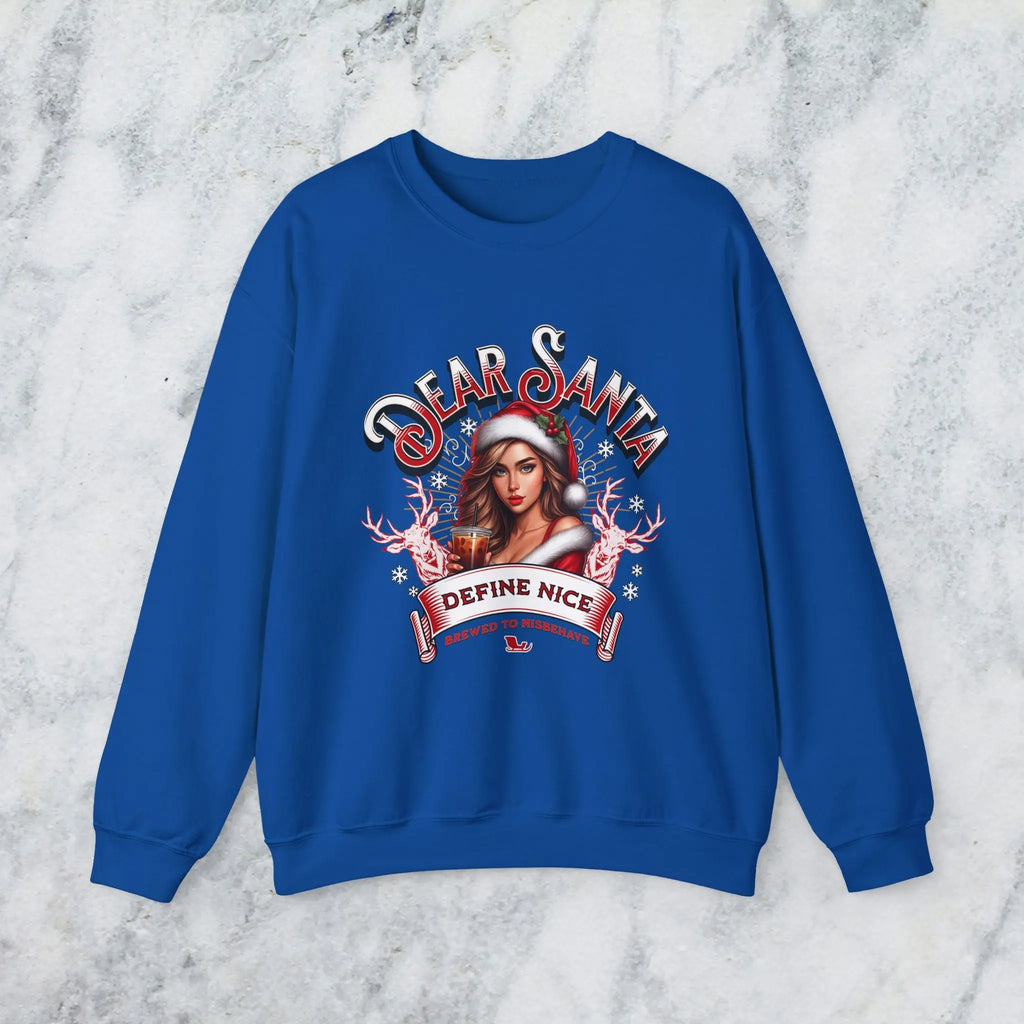 Holiday Sweatshirt — “Dear Santa, Define Nice” Iced Coffee Funny Christmas Crewneck Printify
