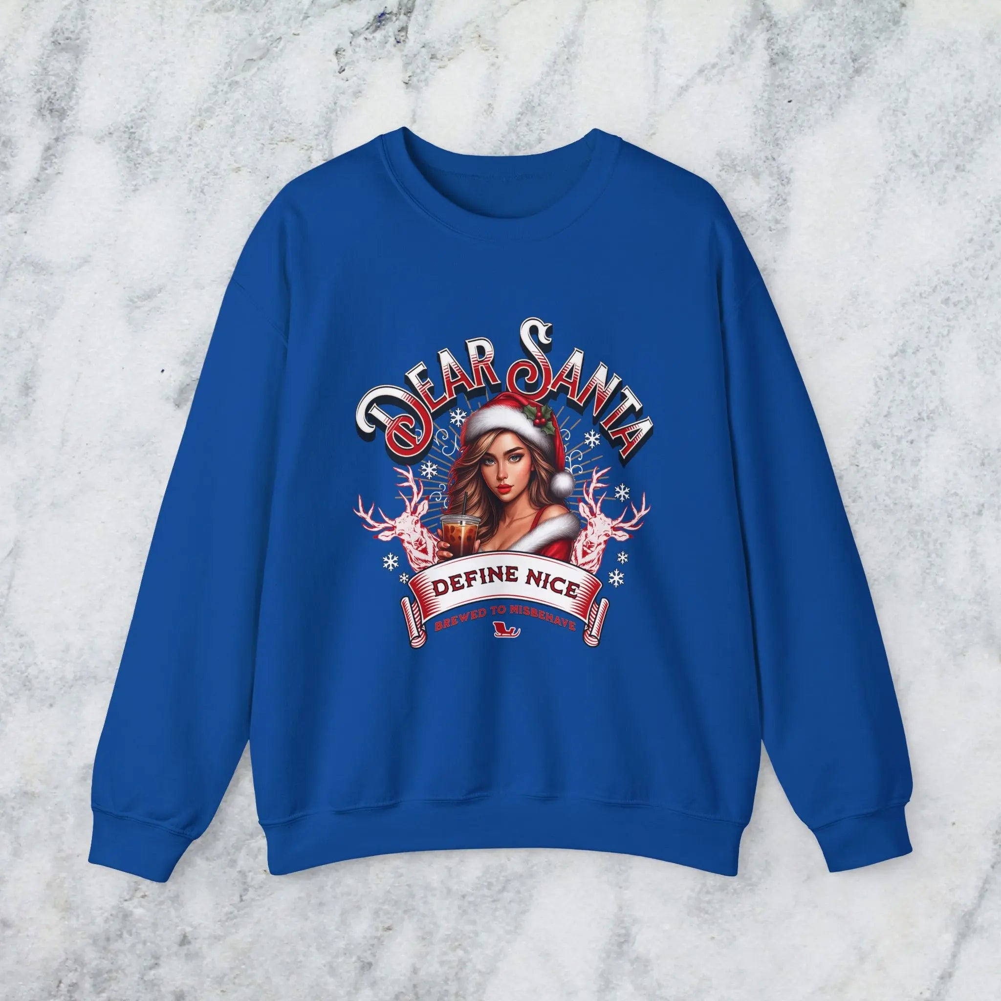 Holiday Sweatshirt — “Dear Santa, Define Nice” Iced Coffee Funny Christmas Crewneck Printify