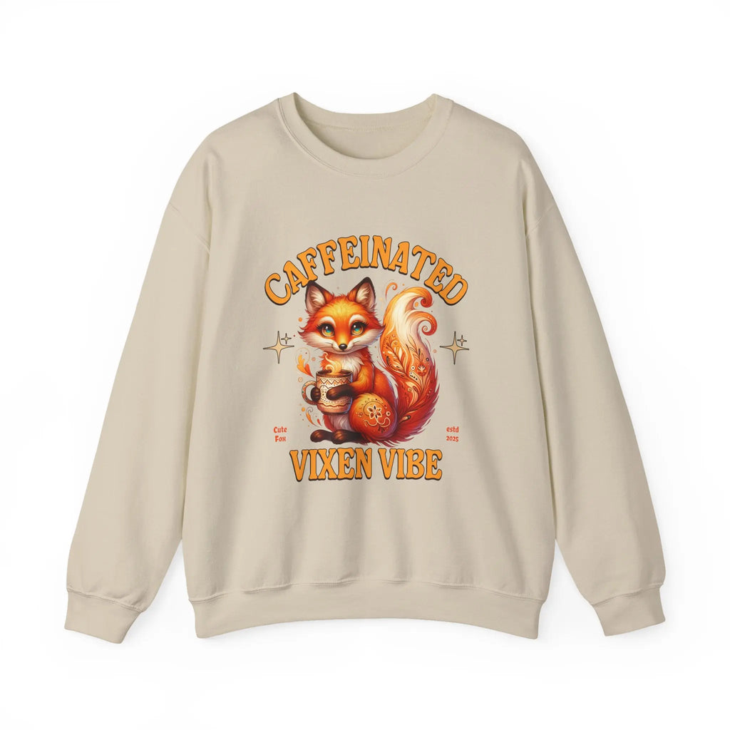 Caffeinated Vixen Vibe Sweatshirt, Cozy Unisex Crewneck for Coffee Lovers, Gift for Birthdays, Fall Fashion, Cute Animal Sweater Printify