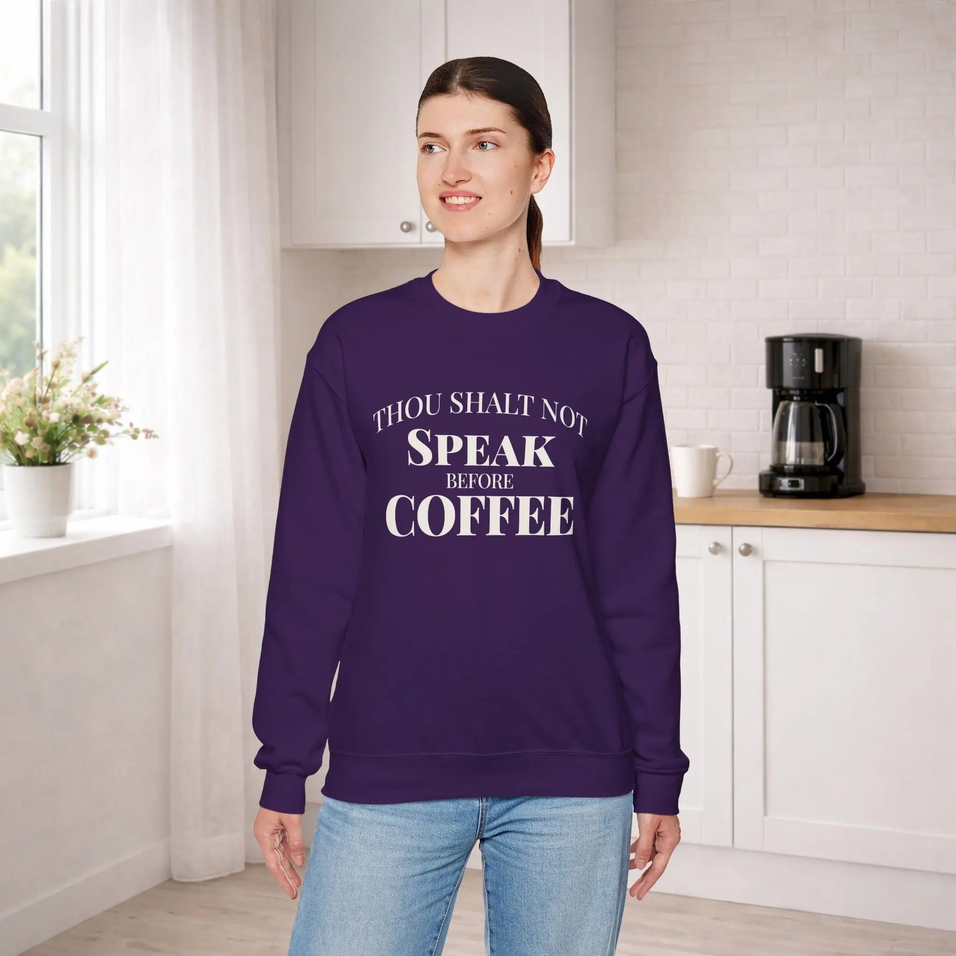 Speak Before Coffee Sweatshirt Printify