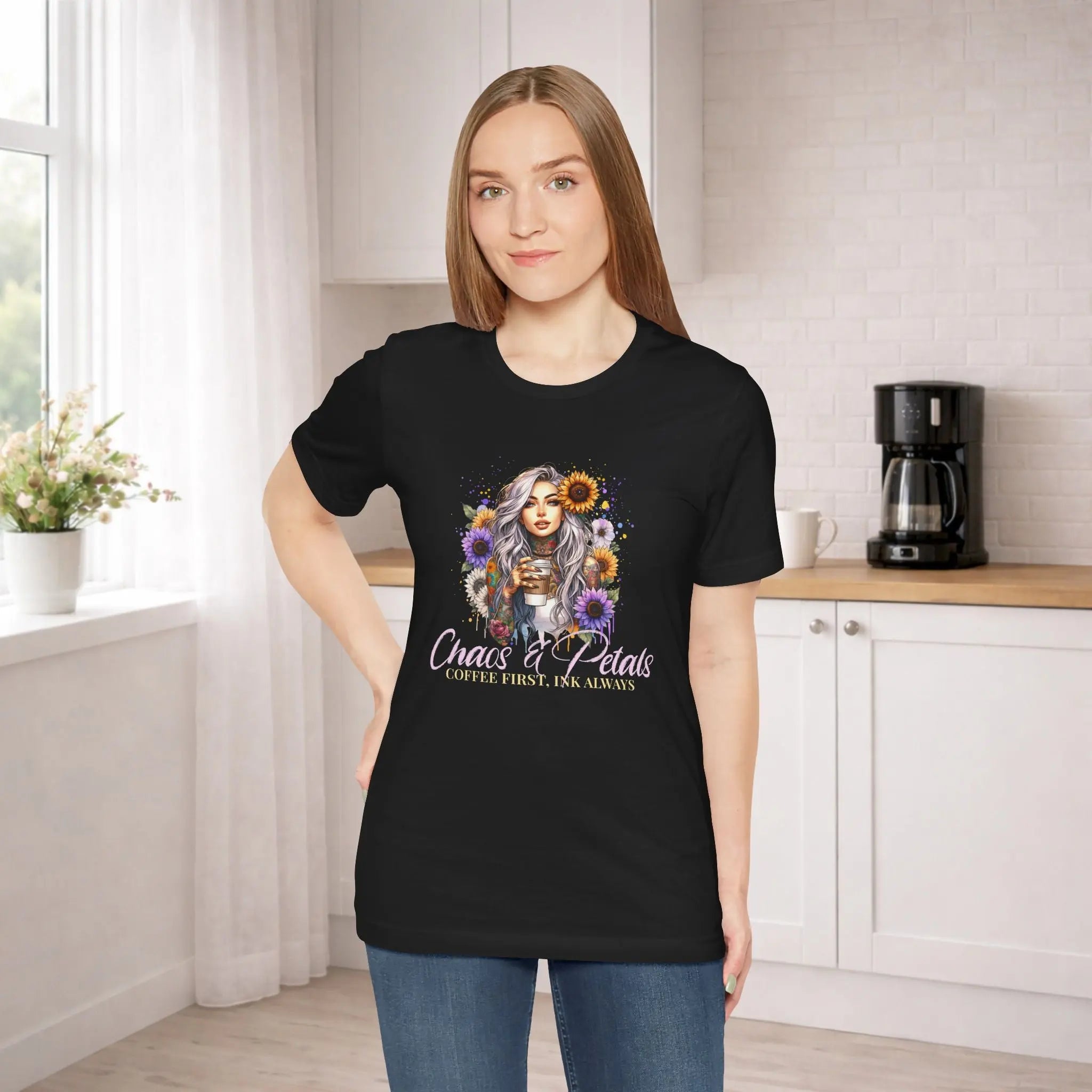 Chaos & Petals T-Shirt — 'Coffee First, Ink Always' Floral Coffee Tee - Boldly Bitter Company