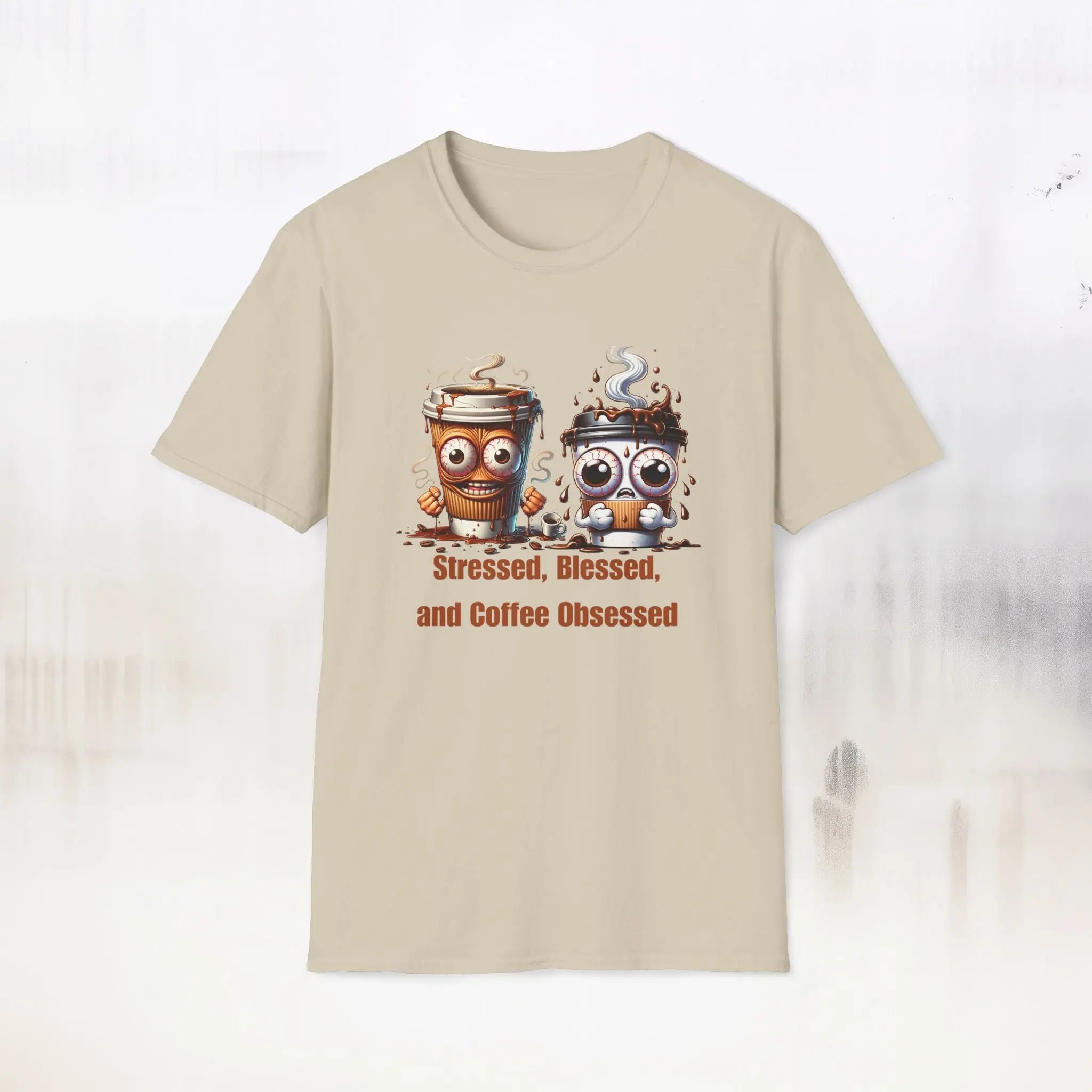 Stressed Blessed and Coffee Obsessed Shirt – Funny Coffee Lover T-Shirt, Caffeine Addict Tee, Cute Coffee Gift for Him Printify