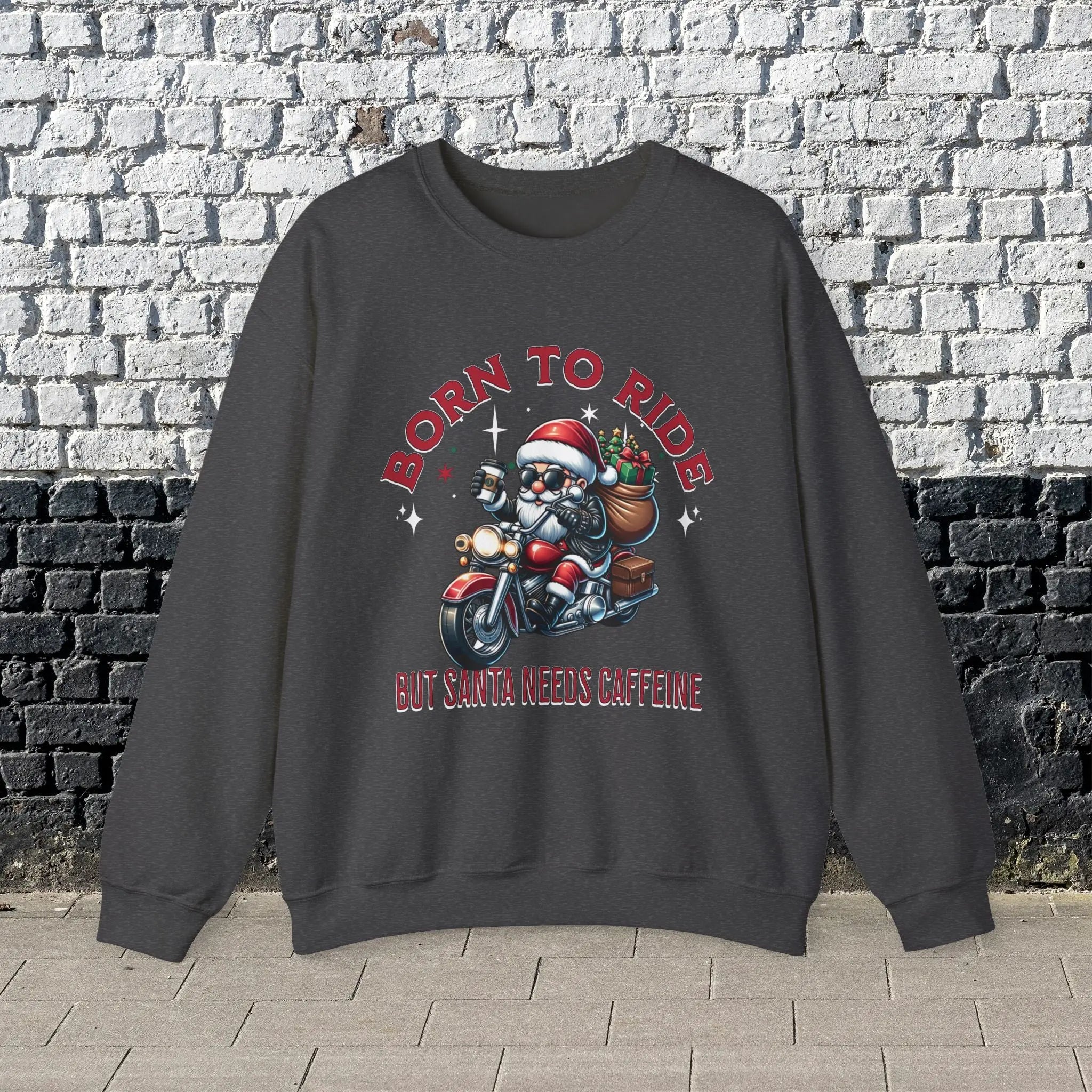 Born to Ride Sweatshirt - Santa on motorcycle holding coffee Christmas Shirt - Boldly Bitter Company