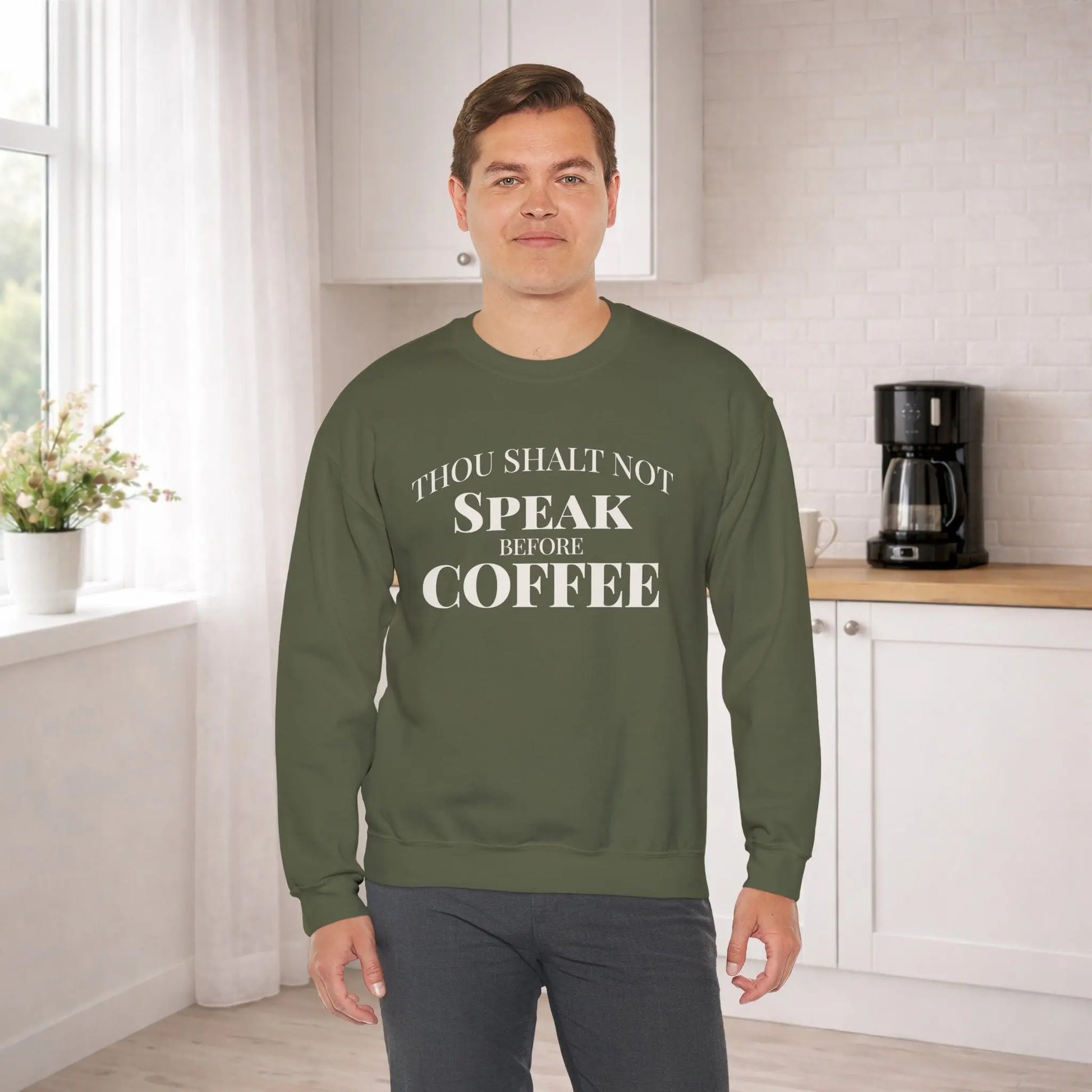 Speak Before Coffee Sweatshirt Printify