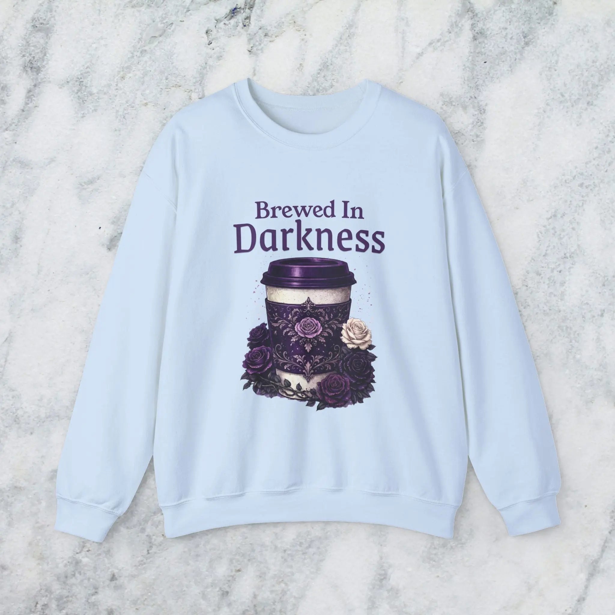 Brewed in Darkness Sweatshirt — Gothic Coffee Cup Graphic Printify