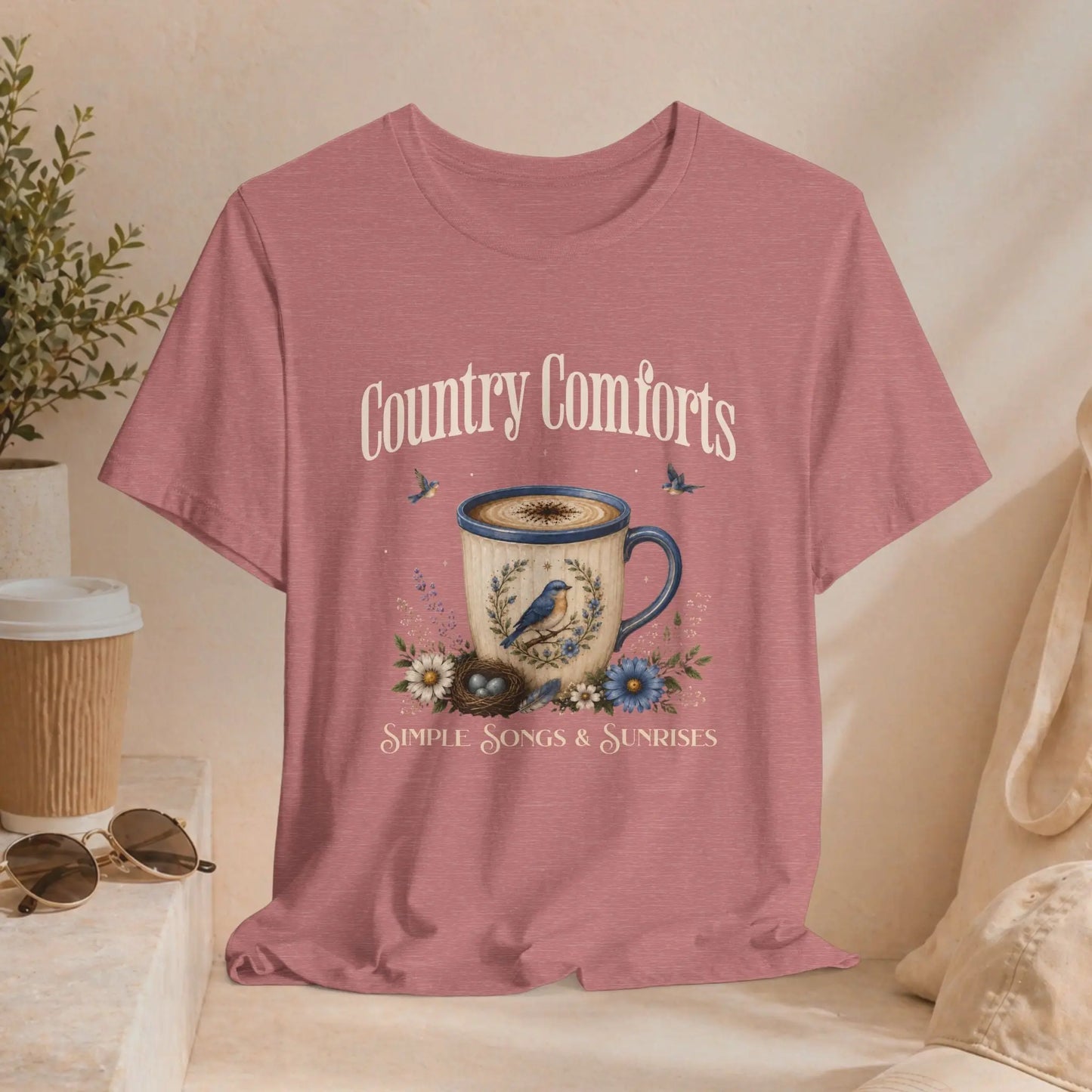 Country Comforts Tee — 'Simple Song & Sunrises' Coffee Mug Bird Floral Graphic T‑Shirt Printify