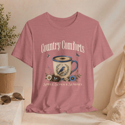 Country Comforts Tee — 'Simple Song & Sunrises' Coffee Mug Bird Floral Graphic T‑Shirt Printify