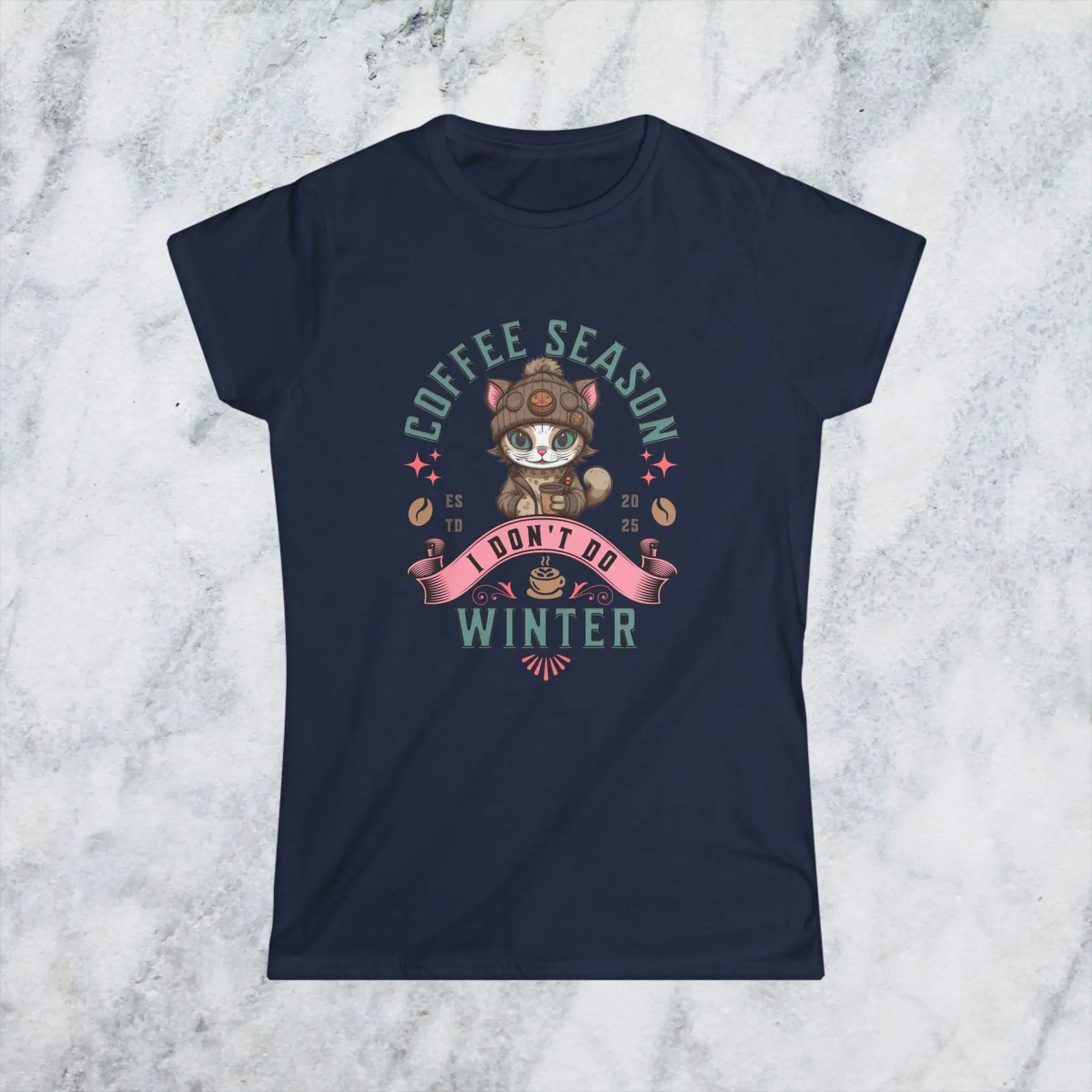 Coffee Season I Don’t Do Winter T-Shirt – Cute Funny Cat Coffee Lover Tee for Women, Cozy Winter Caffeine Gift, Lazy Morning Shirt Printify