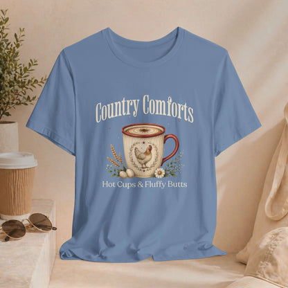 Country Comforts Tee – "Hot Cups & Fluffy Butts" Rustic Farmhouse Coffee Shirt Printify