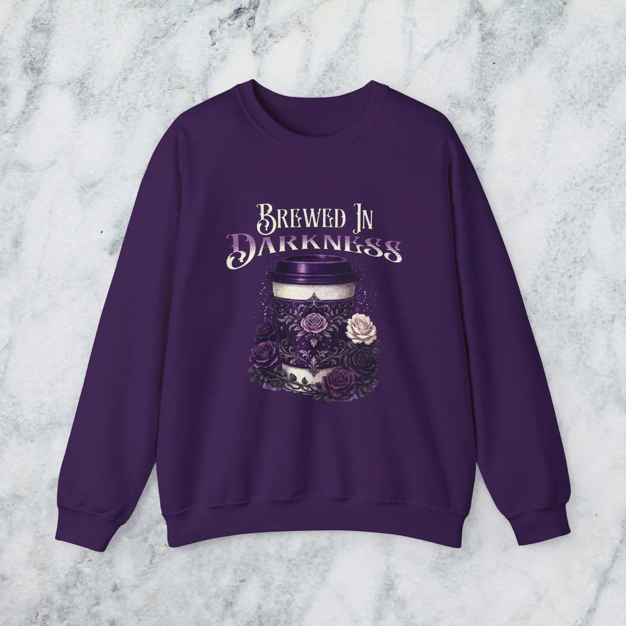 Brewed in Darkness Sweatshirt — Gothic Coffee Cup Graphic Printify