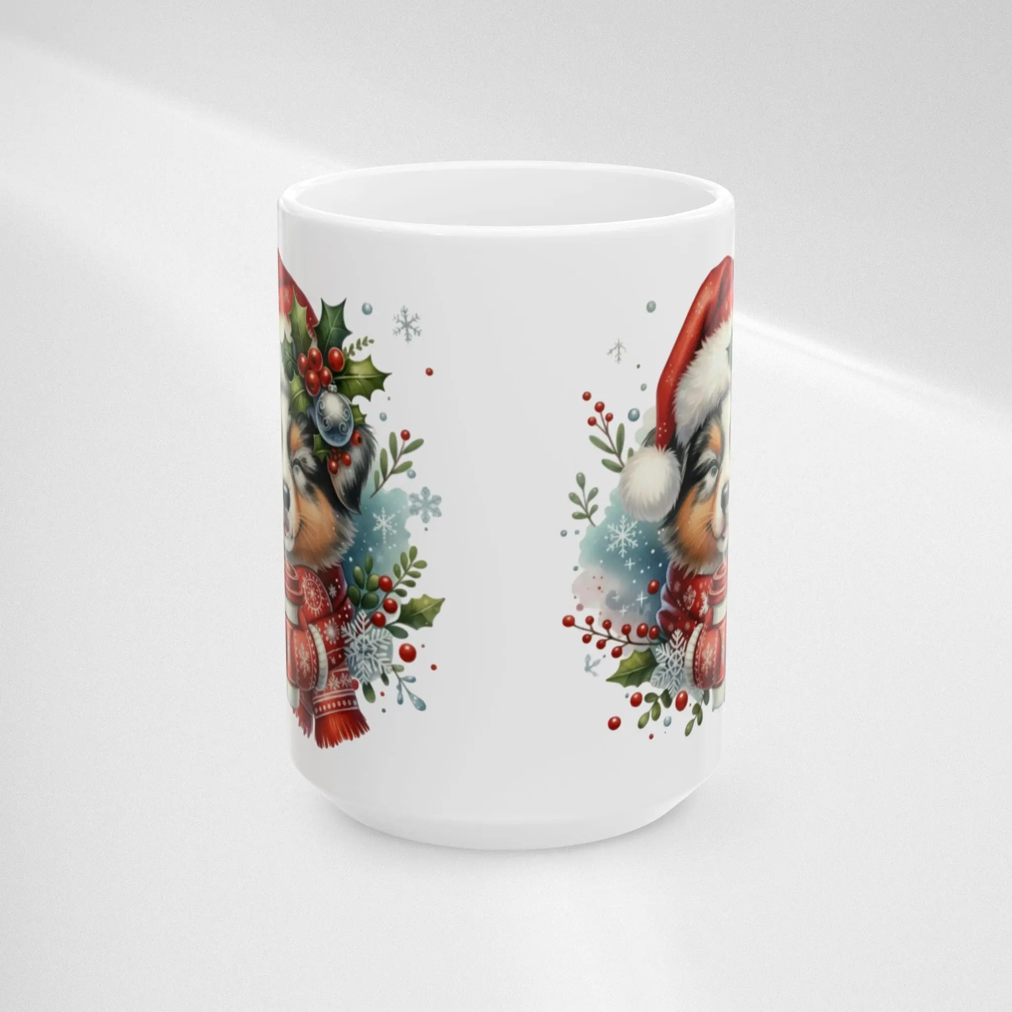 Australian Shepherd Christmas Mug — Dog in Santa Hat & Scarf (15oz) Printify